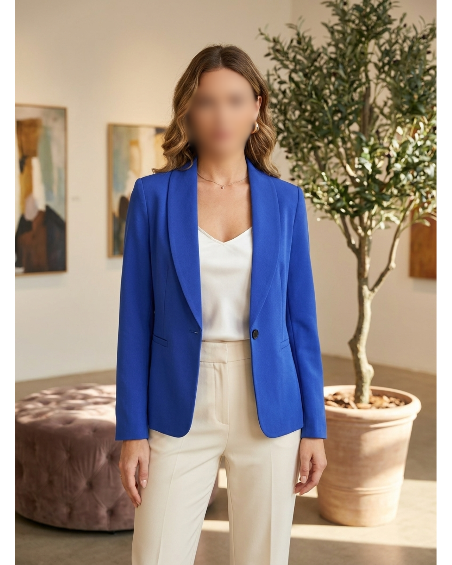 Women’s Classic Royal Blue Shawl Collar Blazer – Tailored Professional Jacket