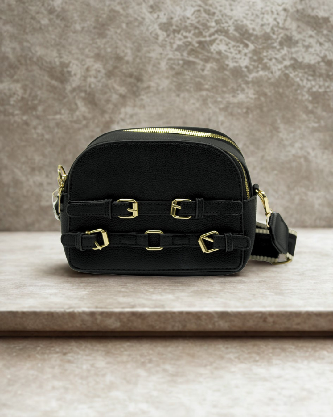 Women's Pebbled Crossbody Bag with Gold Buckles & Patterned Strap