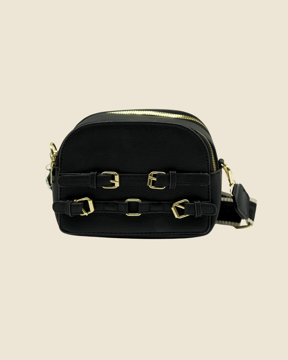 Women's Pebbled Crossbody Bag with Gold Buckles & Patterned Strap