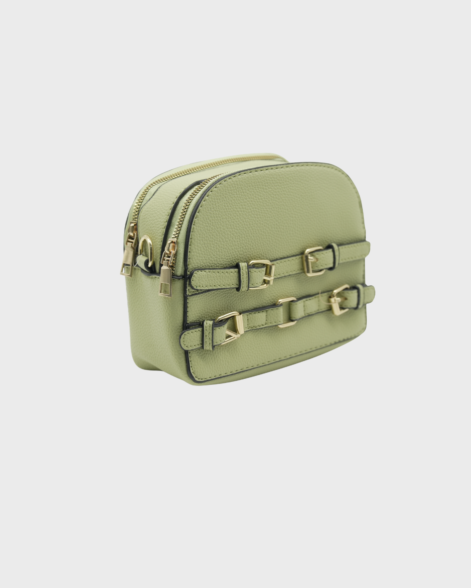 Women's Pebbled Crossbody Bag with Gold Buckles & Patterned Strap