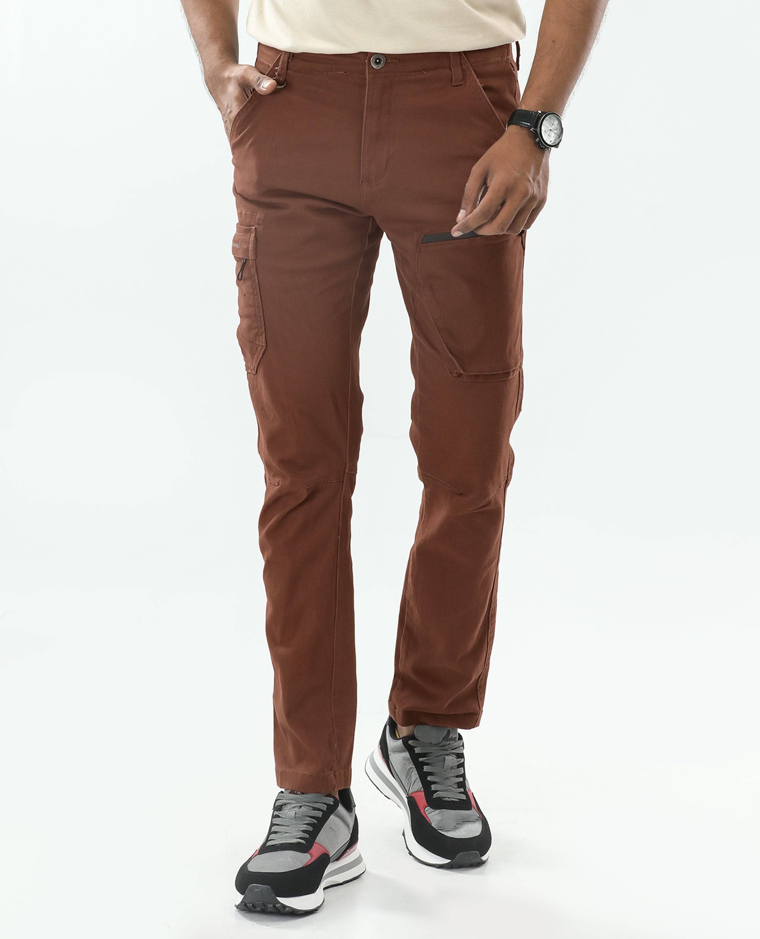 Finelook Men's Twill Cargo Pants - Brown Front side pose