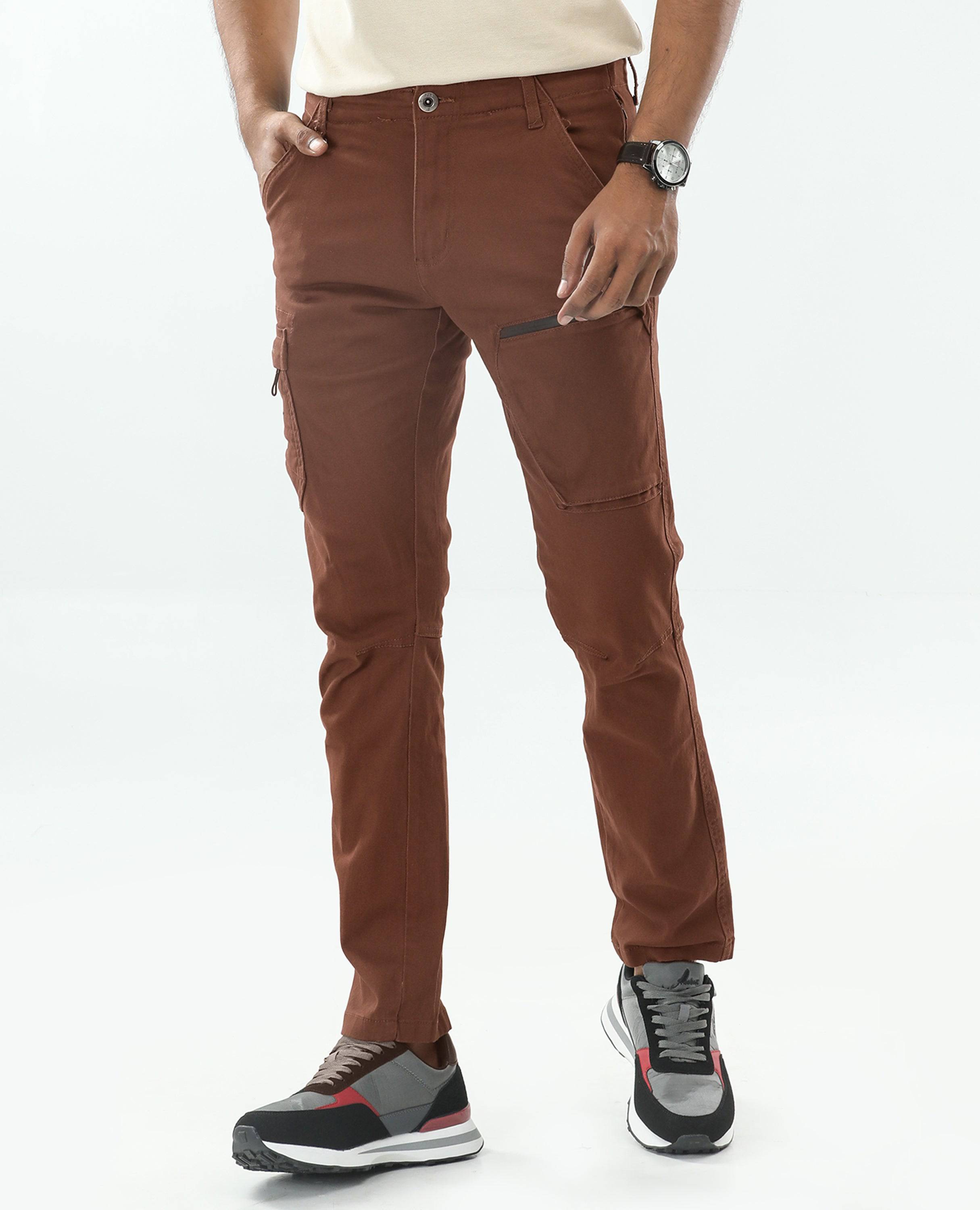 Finelook Men's Twill Cargo Pants - Brown Left side pose