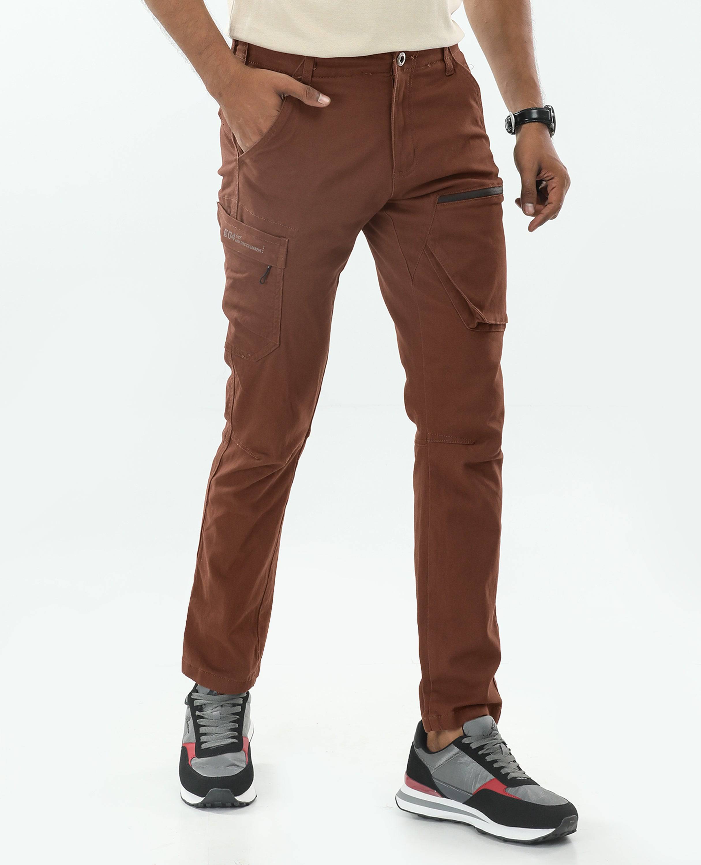 Finelook Men's Twill Cargo Pants - Brown right side pose