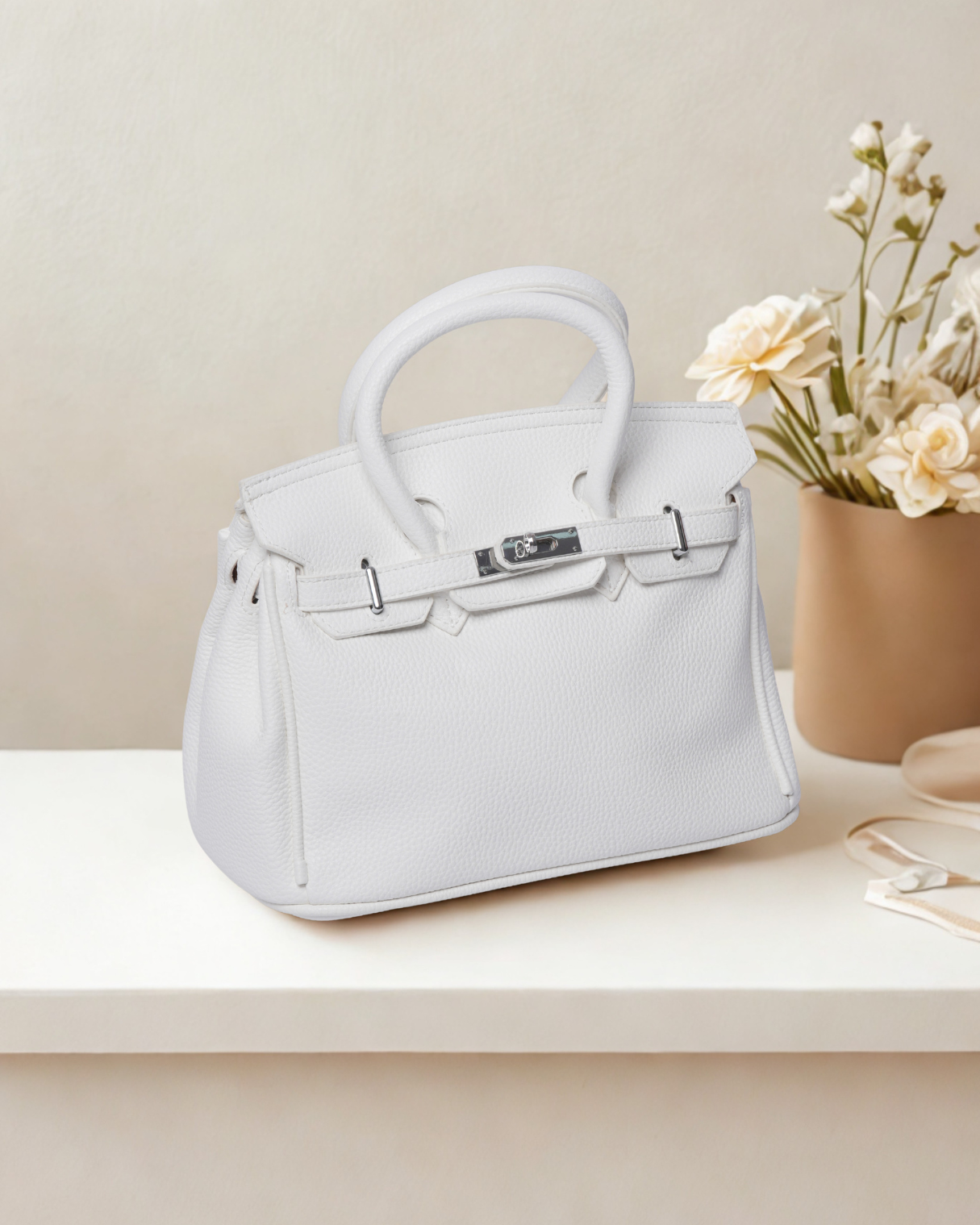 Classic Medium size Pebbled Top Handle Satchel | Elegant Turn-Lock Handbag & Crossbody