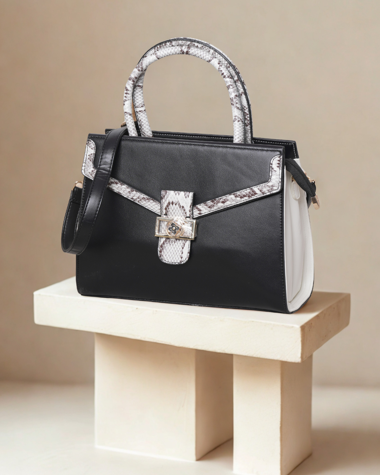 Chic Black & Snakeskin Print Structured Satchel – Two-Tone Top-Handle Handbag