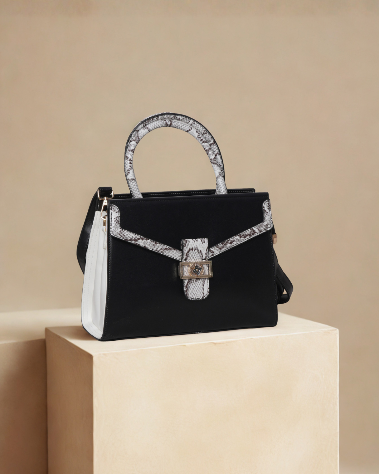 Chic Black & Snakeskin Print Structured Satchel – Two-Tone Top-Handle Handbag