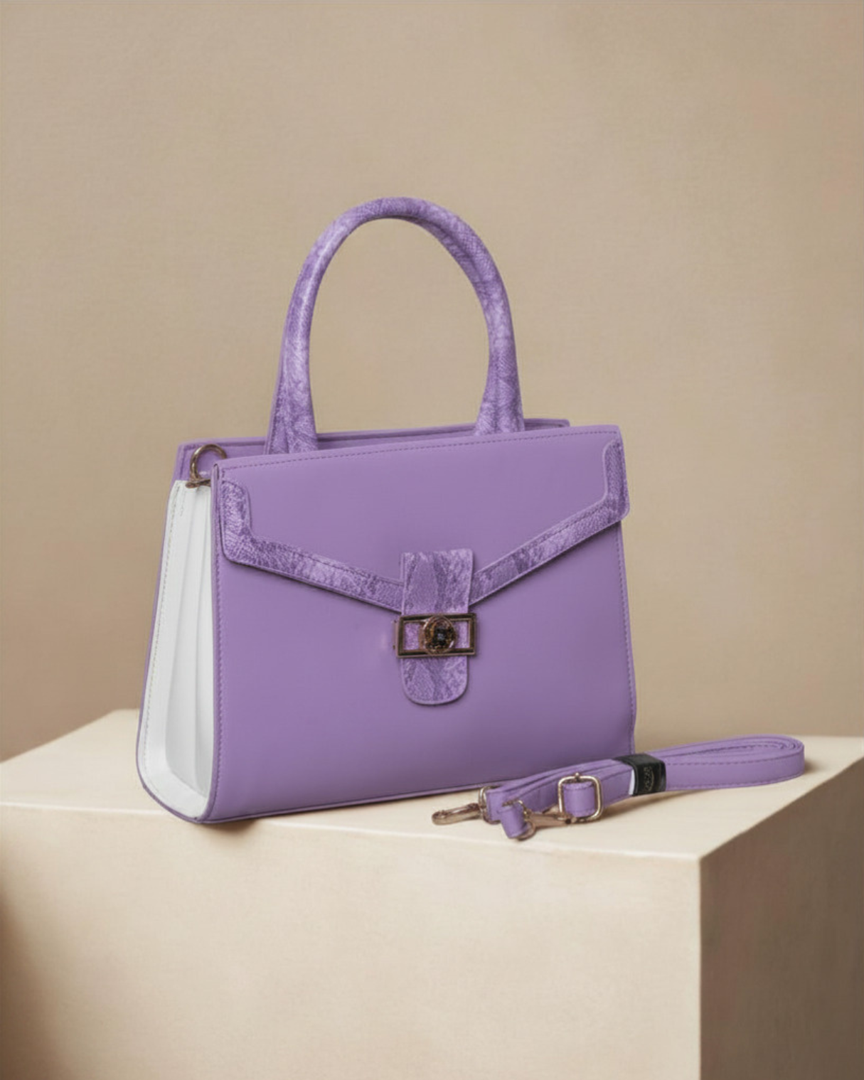 Purple handbag with a white interior on a beige surface