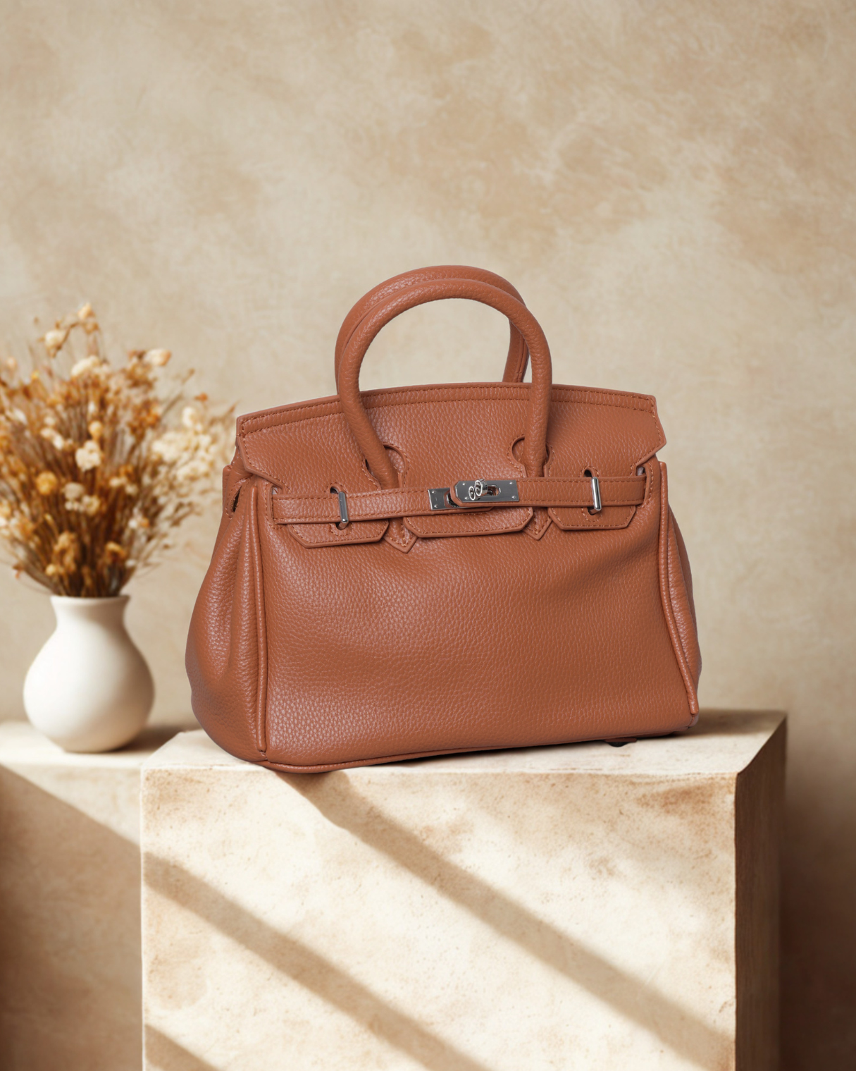 Classic Medium size Pebbled Top Handle Satchel | Elegant Turn-Lock Handbag & Crossbody