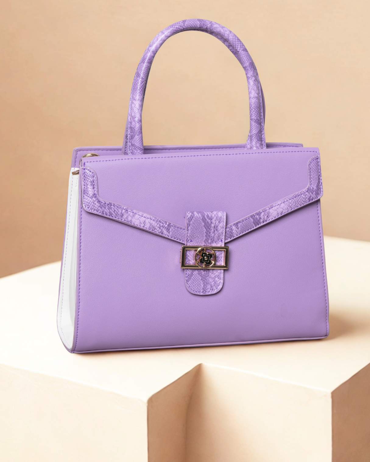 Purple handbag with a white accent on a beige background