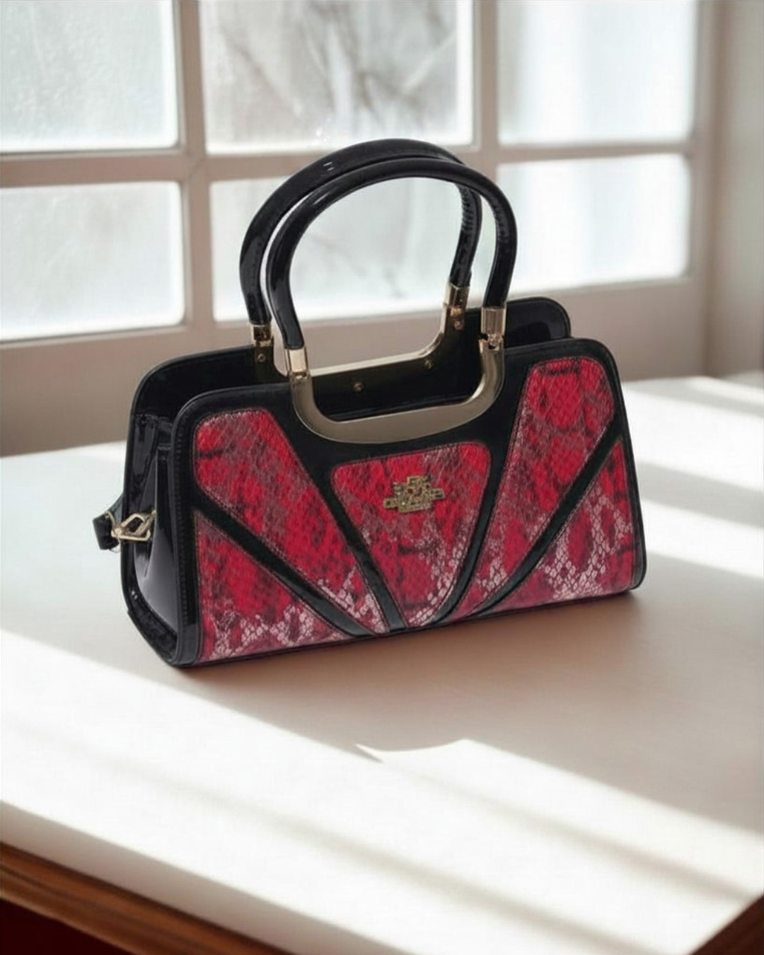 Women's Exotic Print Satchel with Patent Leather Accent - Top-Handle Handbag