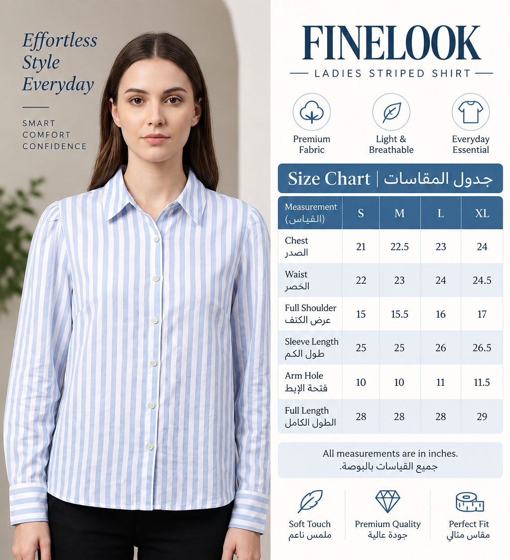 Women’s Blue & White Striped Long-Sleeve Shirt – Classic Button-Down Formal & Casual Shirt