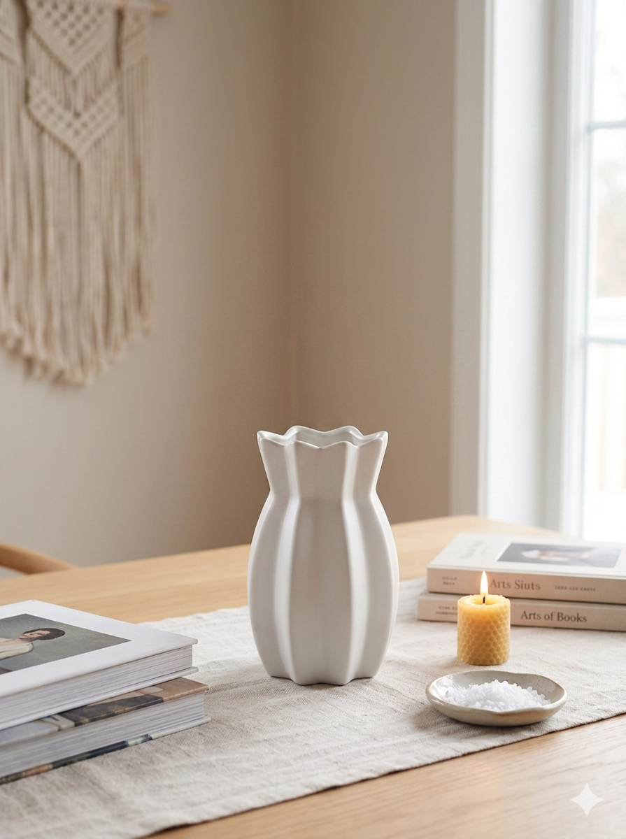 Ribbed Ceramic Scalloped Vase – Minimalist Wavy Home Decor