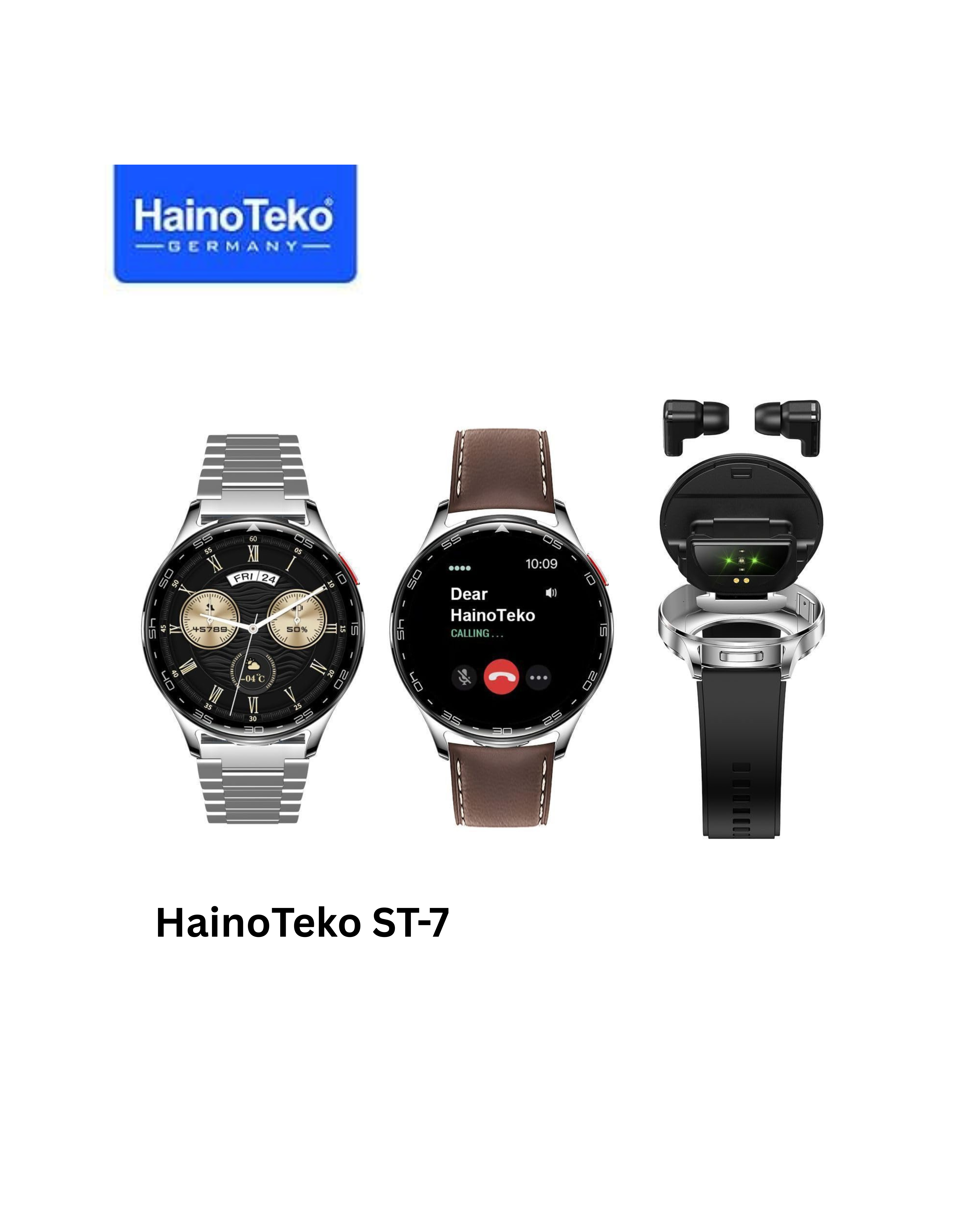 HainoTeko ST-7 Waterproof Smart Watch with Earbuds AMOLED Display 3 Pair Straps