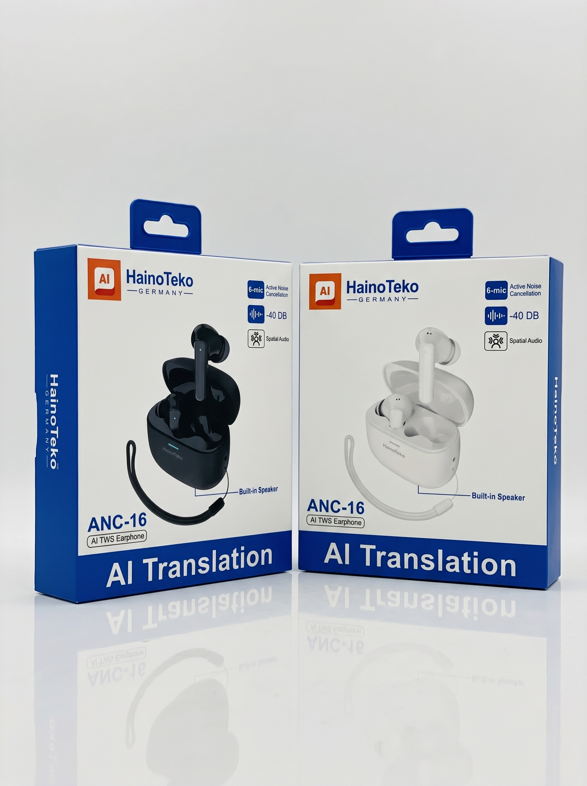 Two retail boxes for HainoTeko ANC-16 AI Translation earbuds shown on a clean white studio background. The left box shows black earbuds, and the right box shows white earbuds; both packages are branded HainoTeko and labeled AI Translation.