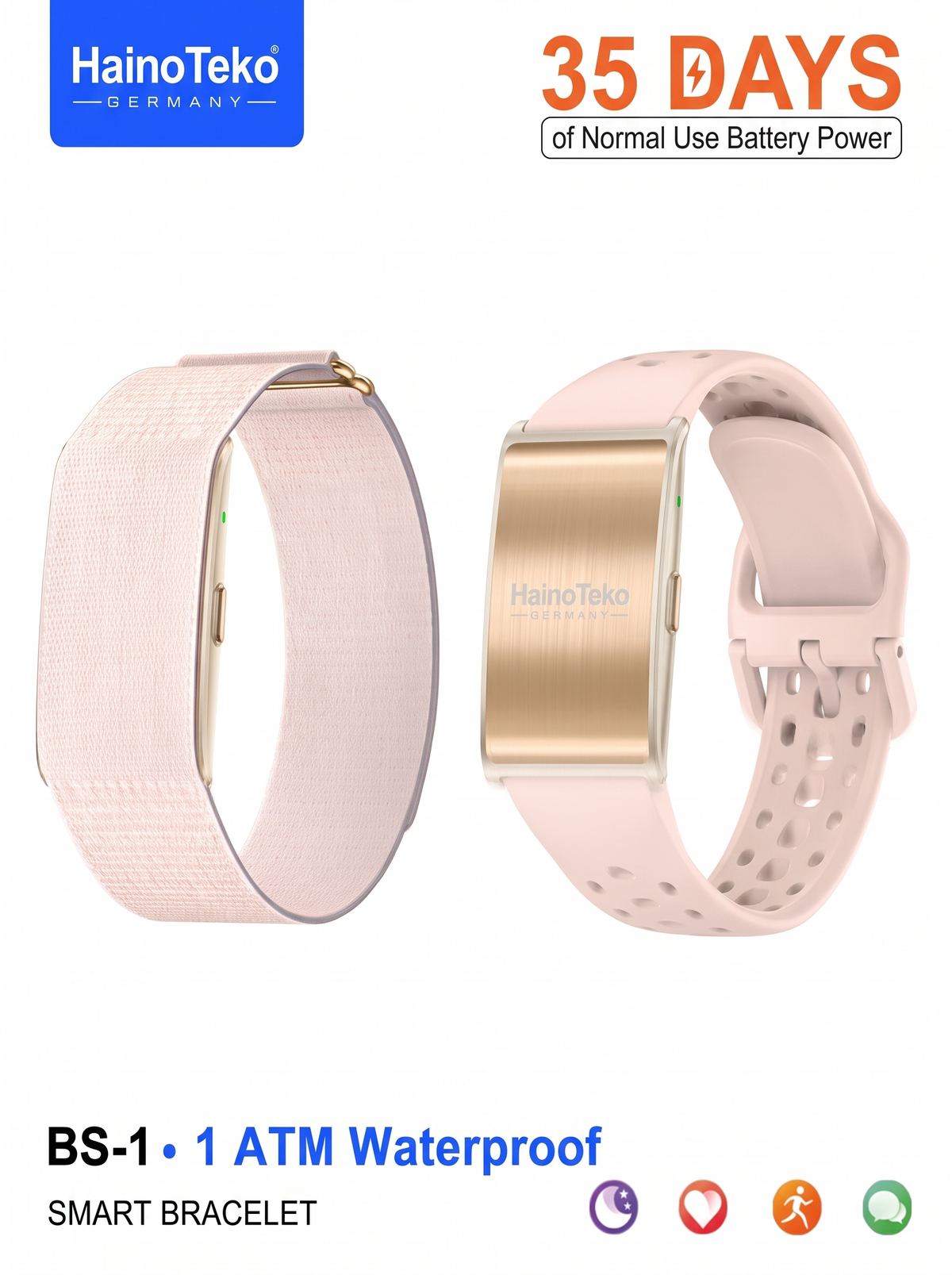 Two HainoTeko smart bracelets shown on a white background, one with a textured light pink band and one with a perforated pale pink band and a brushed gold-toned face. Text at top says '35 DAYS of Normal Use Battery Power' and bottom text reads 'BS-1 • 1 ATM Waterproof SMART BRACELET'.