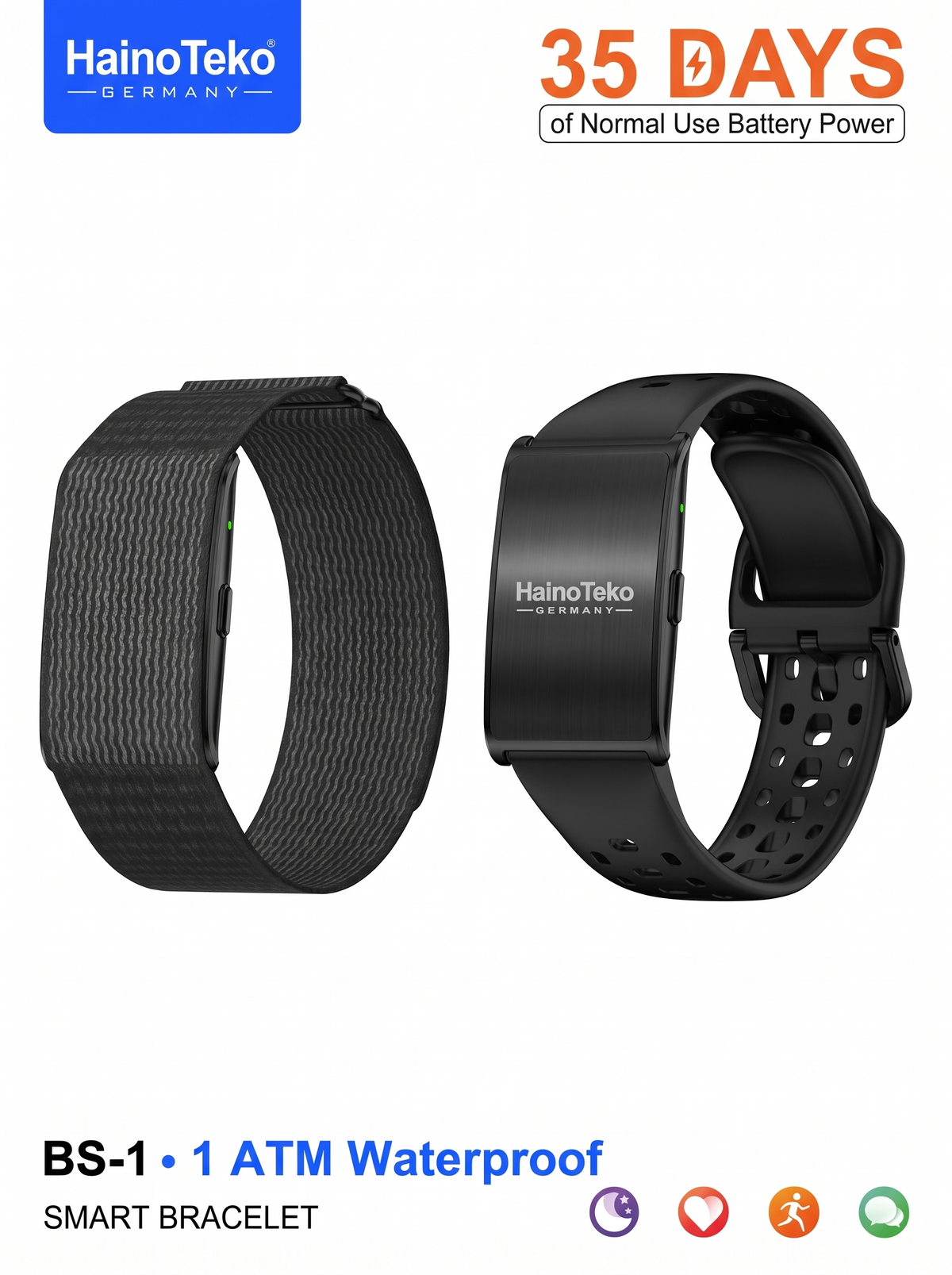 Two black HainoTeko smart bracelets shown on a white background, one with a textured woven-style band and one with a smooth perforated band. Text highlights 35 days of battery power and BS-1 1 ATM waterproof smart bracelet features.