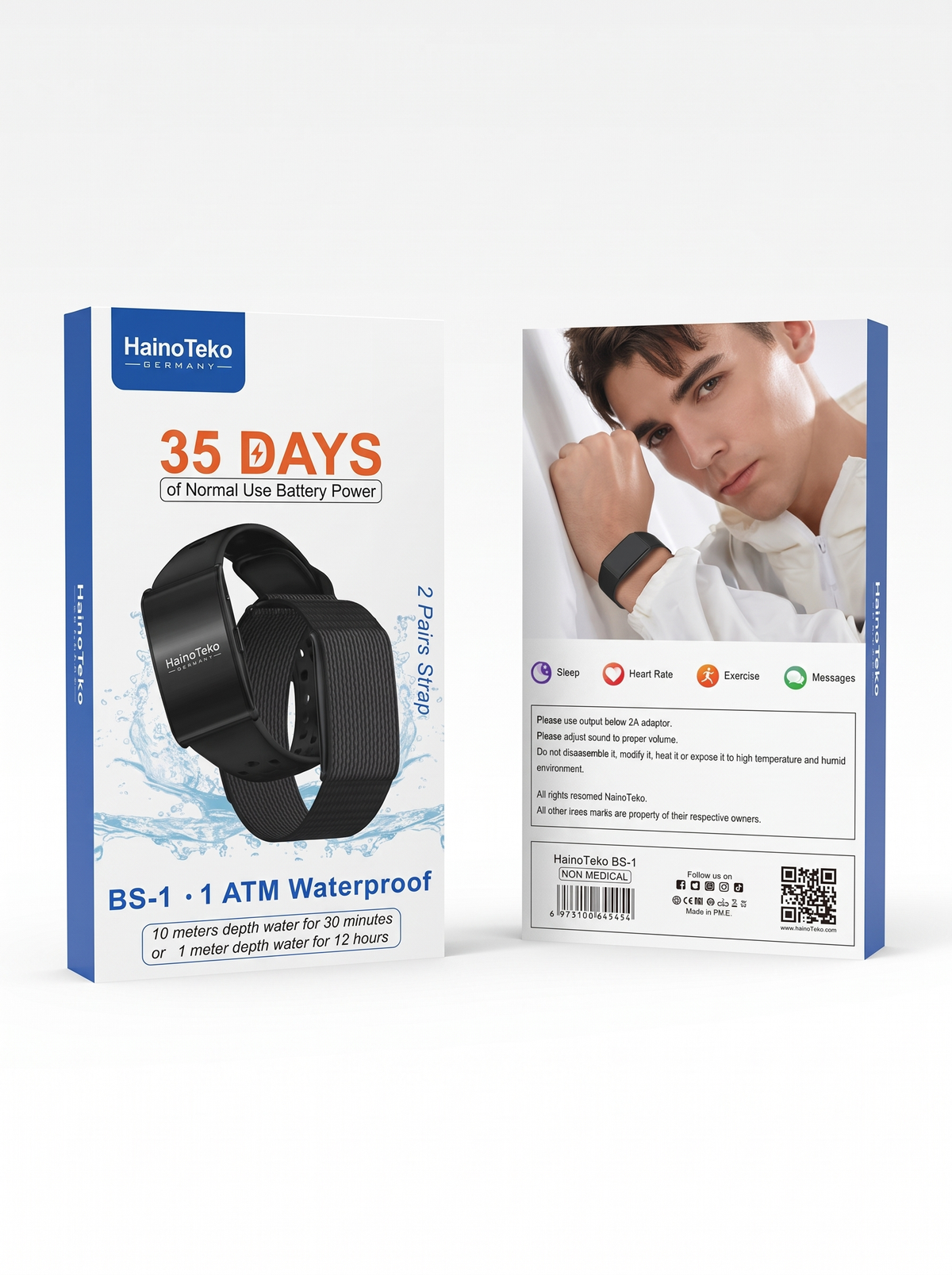 HainoTeko BS-1 smartwatch packaging shown in front and back views on a clean white background. The front features a black smartwatch with blue accents and text highlighting 35 days battery life and 1 ATM waterproof.