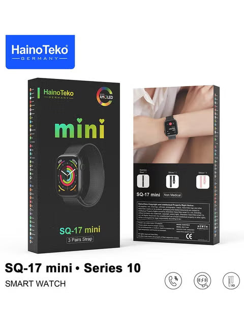 HainoTeko SQ-17 Mini Smart Watch AMOLED Display with 3 Interchangeable Straps for Women - Black
