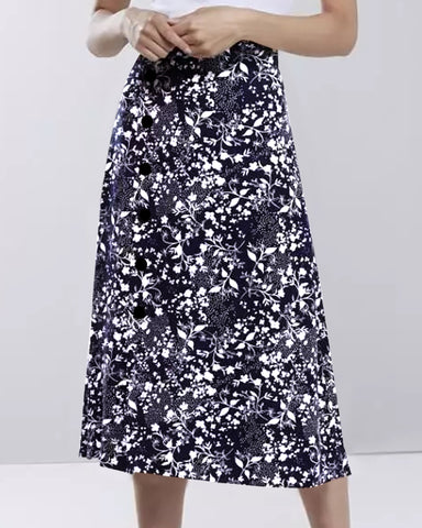 Women's  Floral Printed Maxi Skirt with Button Detail