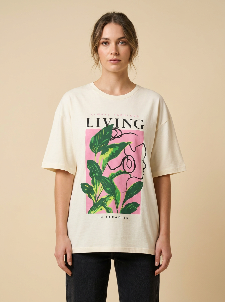 LYellow-Women's Oversized Graphic Tee – "Living in Paradise" Edition