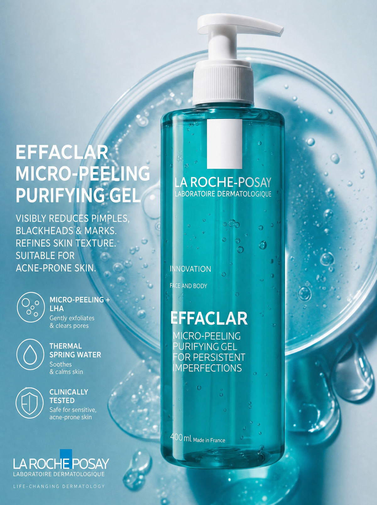 A bottle of La Roche-Posay Effaclar Micro-Peeling Purifying Gel, featuring a translucent teal-blue liquid and a white pump dispenser, set against a stylized background of water droplets and ice cubes.