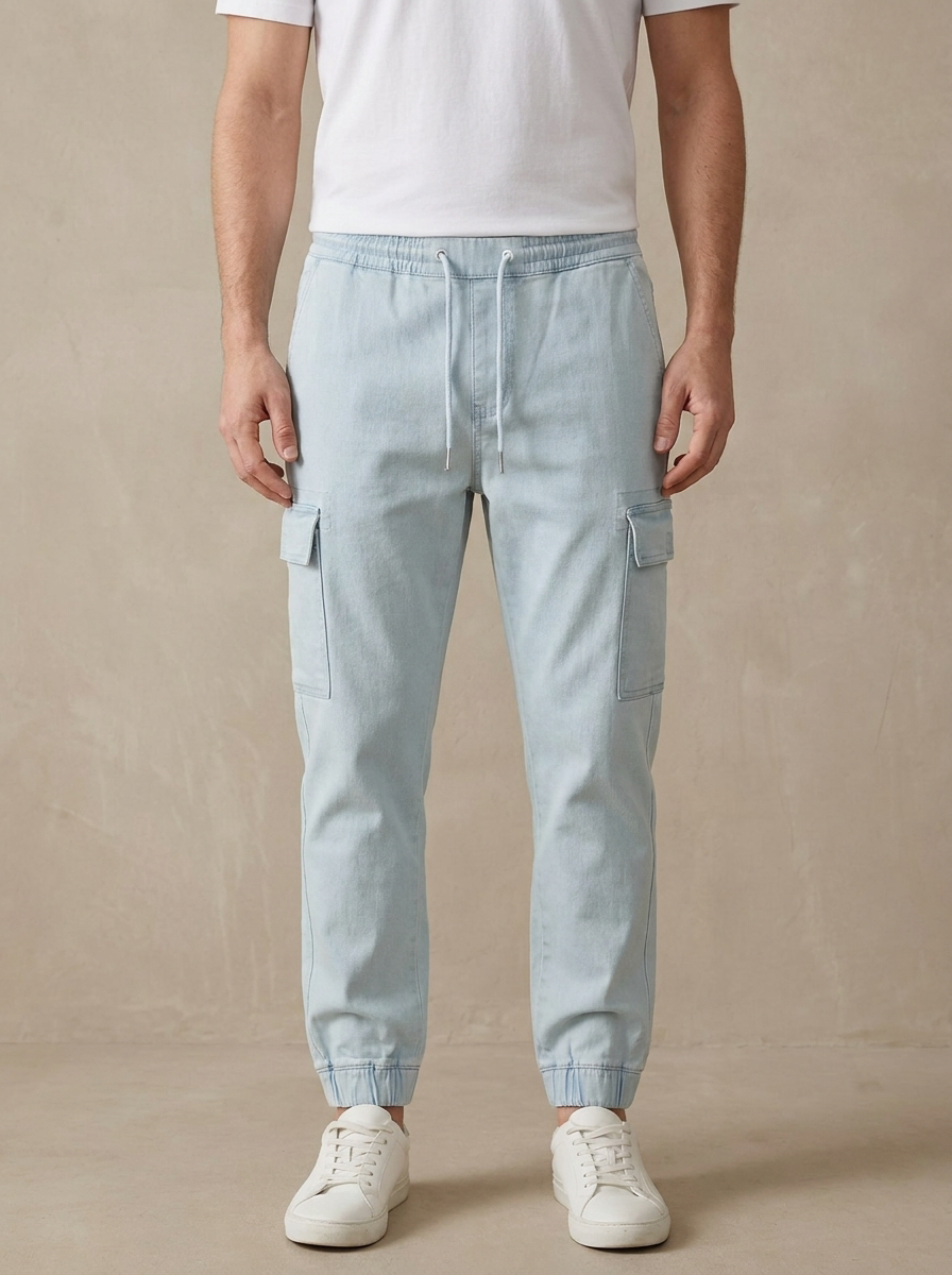 Light blue cargo jogger pants worn by a person on a beige background