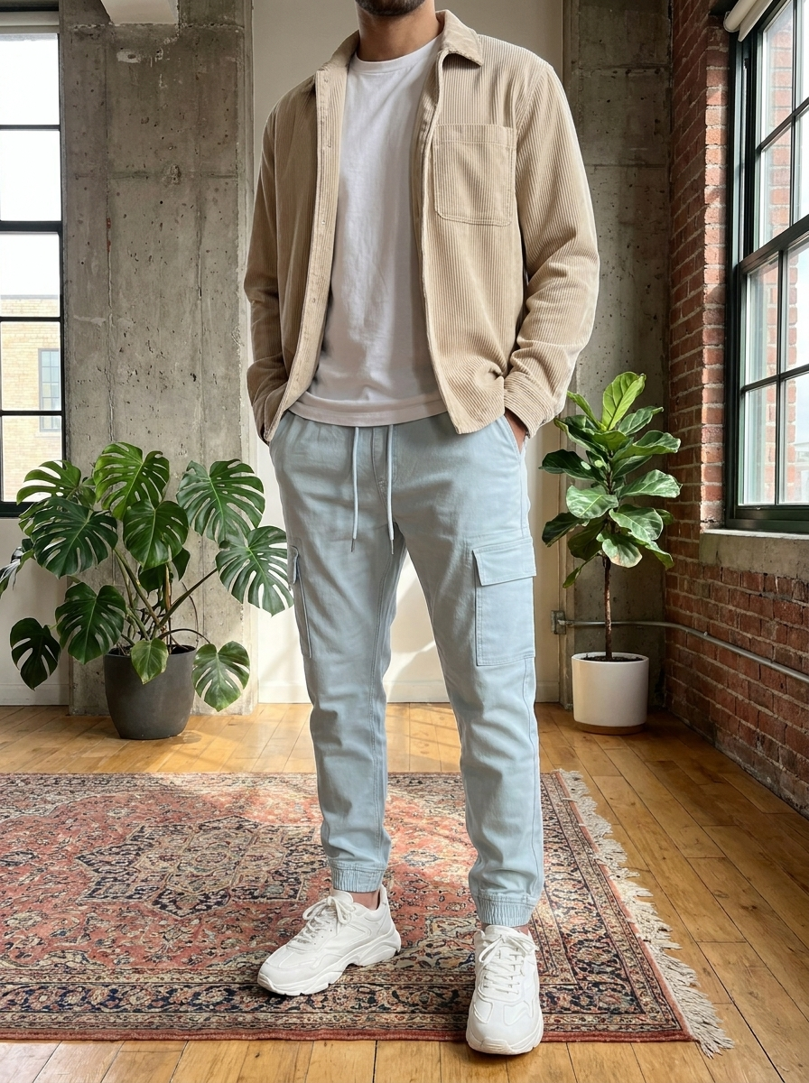 Person wearing a beige shirt, white t-shirt, light blue cargo pants, and white sneakers in a room with plants and a rug.