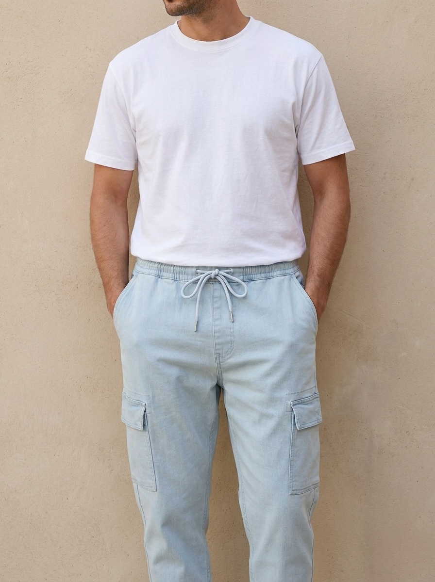 Person wearing a white t-shirt and light blue cargo pants against a beige wall
