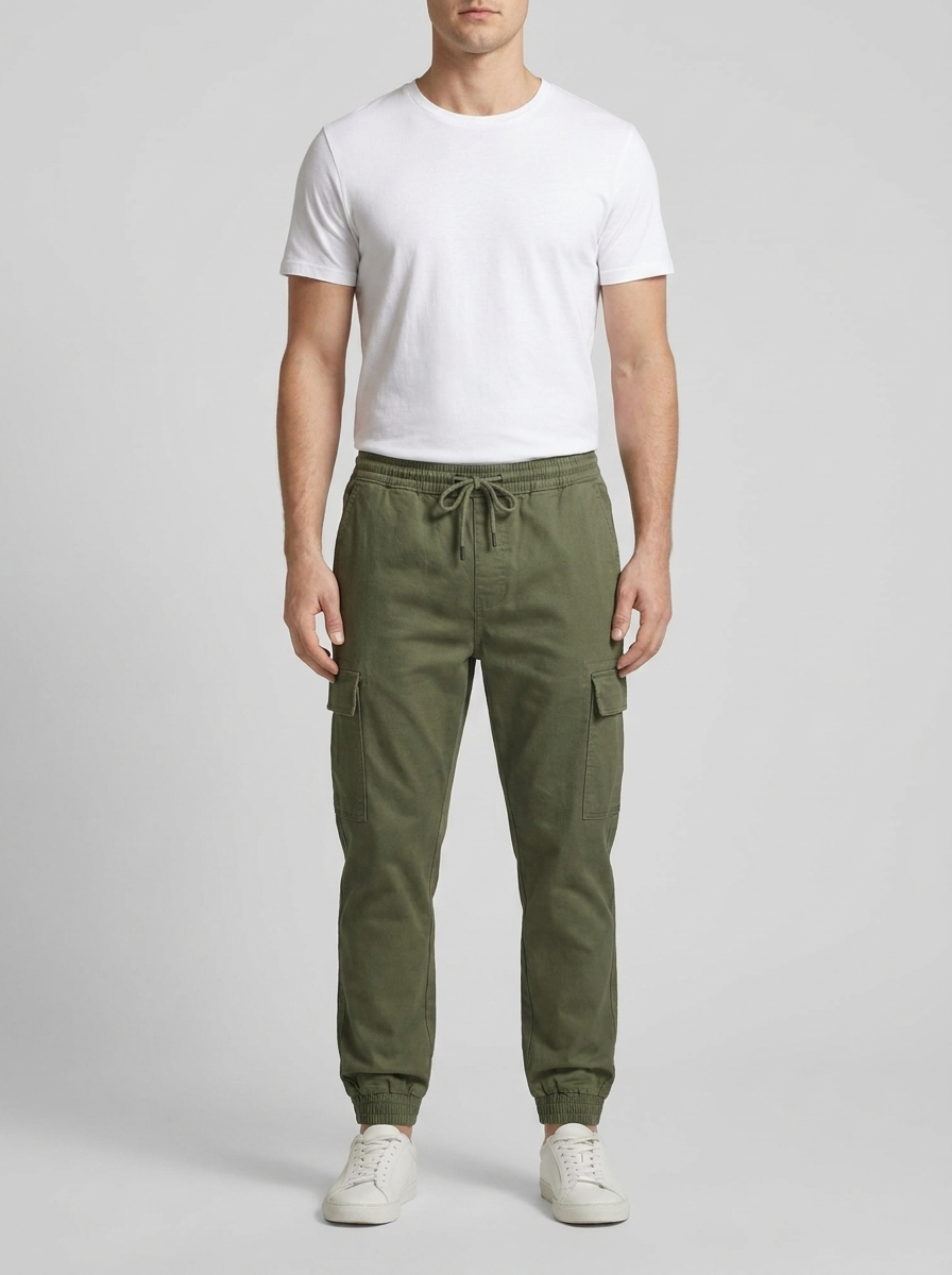 Person wearing green cargo jogger pants and a white t-shirt on a light gray background