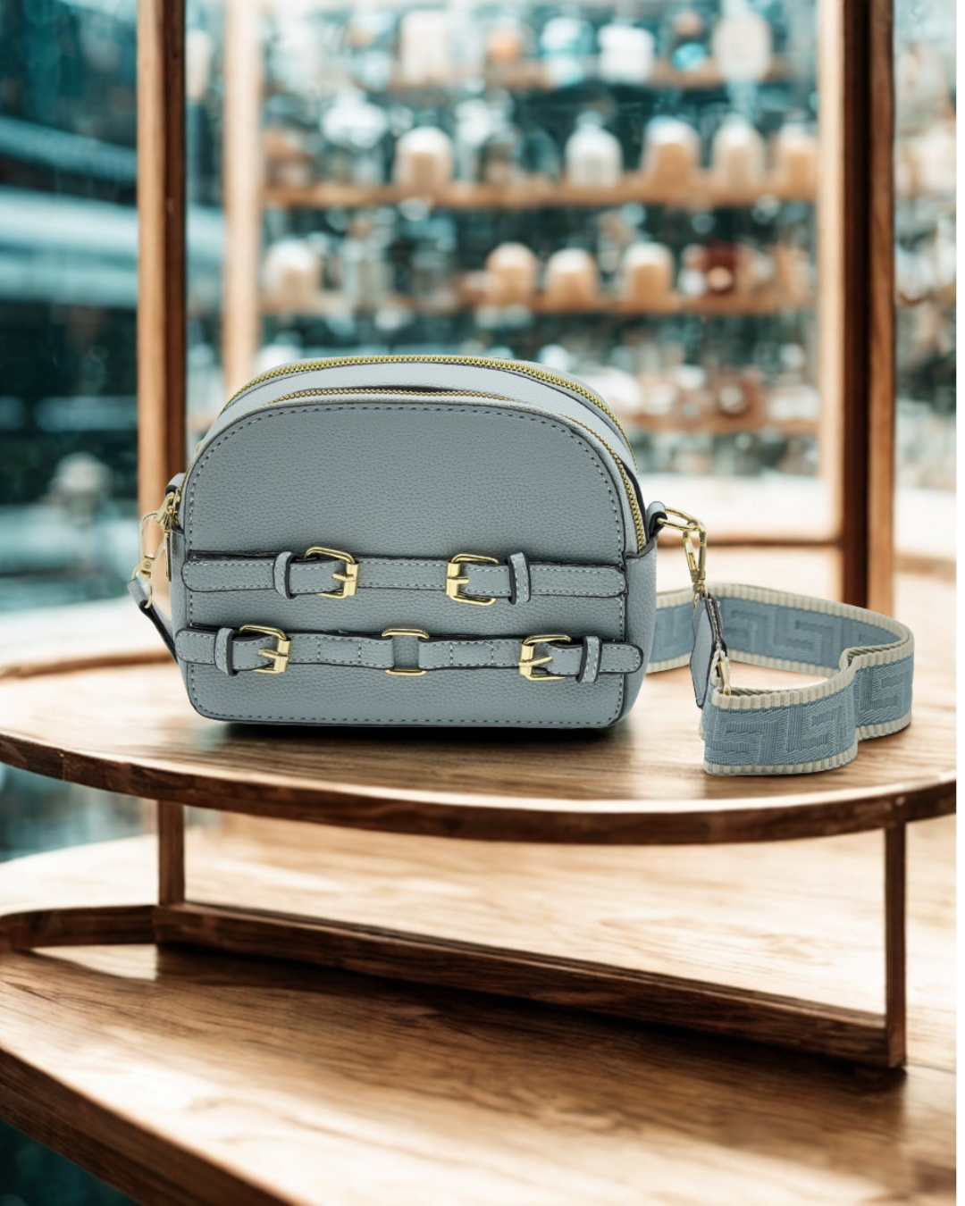 Light blue handbag with gold buckles on a wooden table