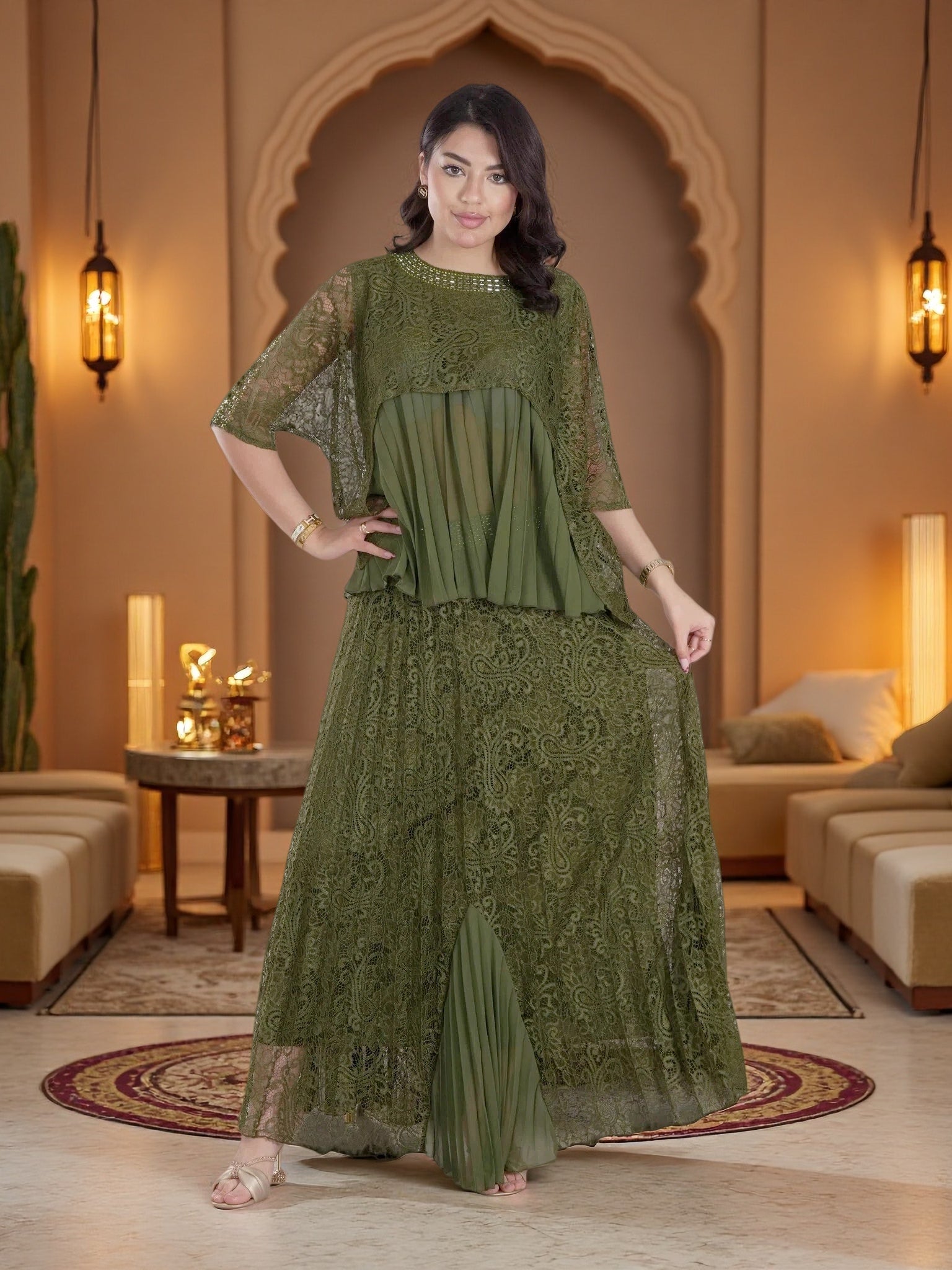 Luxury Olive Green Lace Pleated Maxi Dress – Elegant Modest Evening & – FineLook