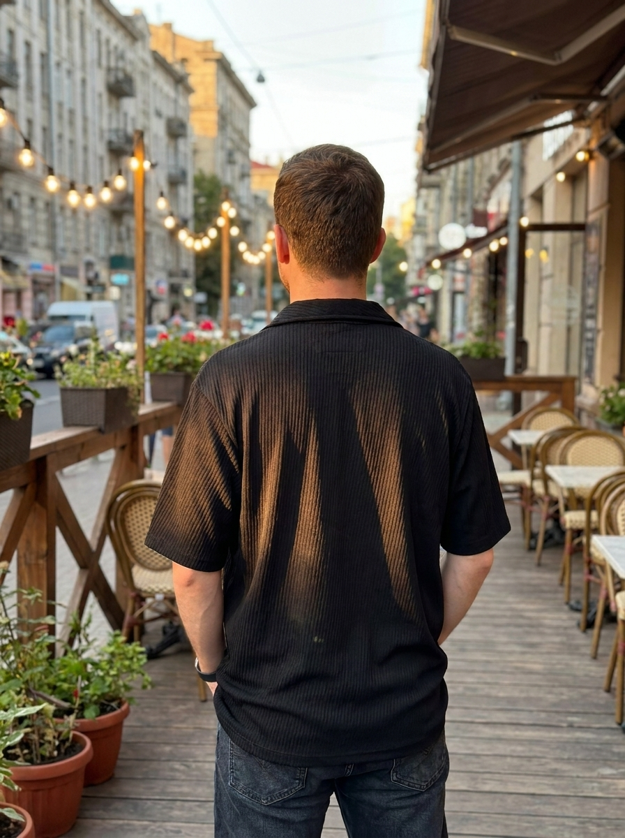Man standing on a city street with outdoor seating and street lights in the background