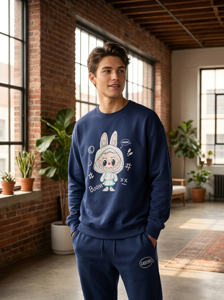 Man wearing a navy blue sweatshirt with a cartoon character design in a modern indoor setting.