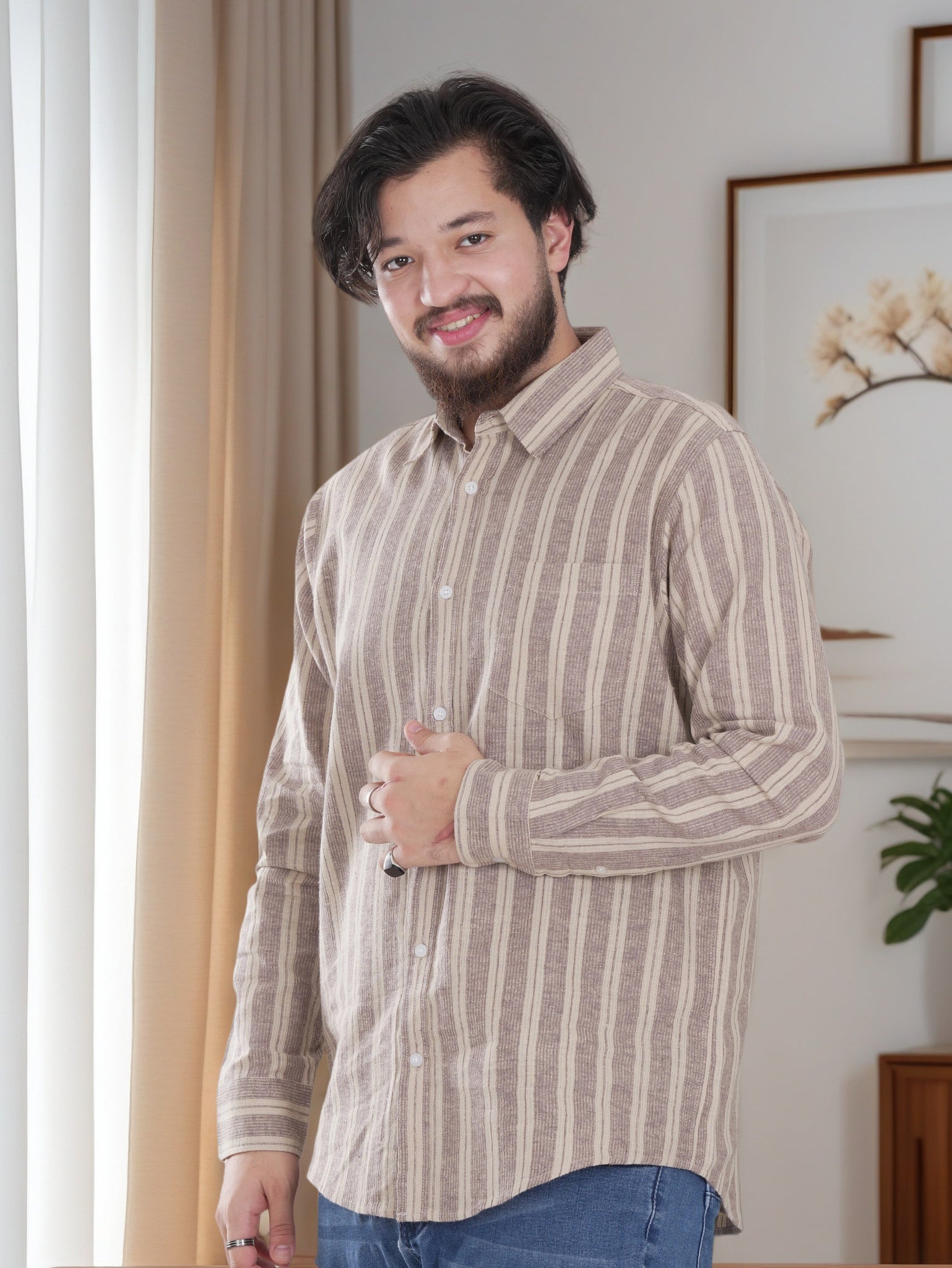 Men's Brown Stripe Long Sleeve Shirt – FineLook