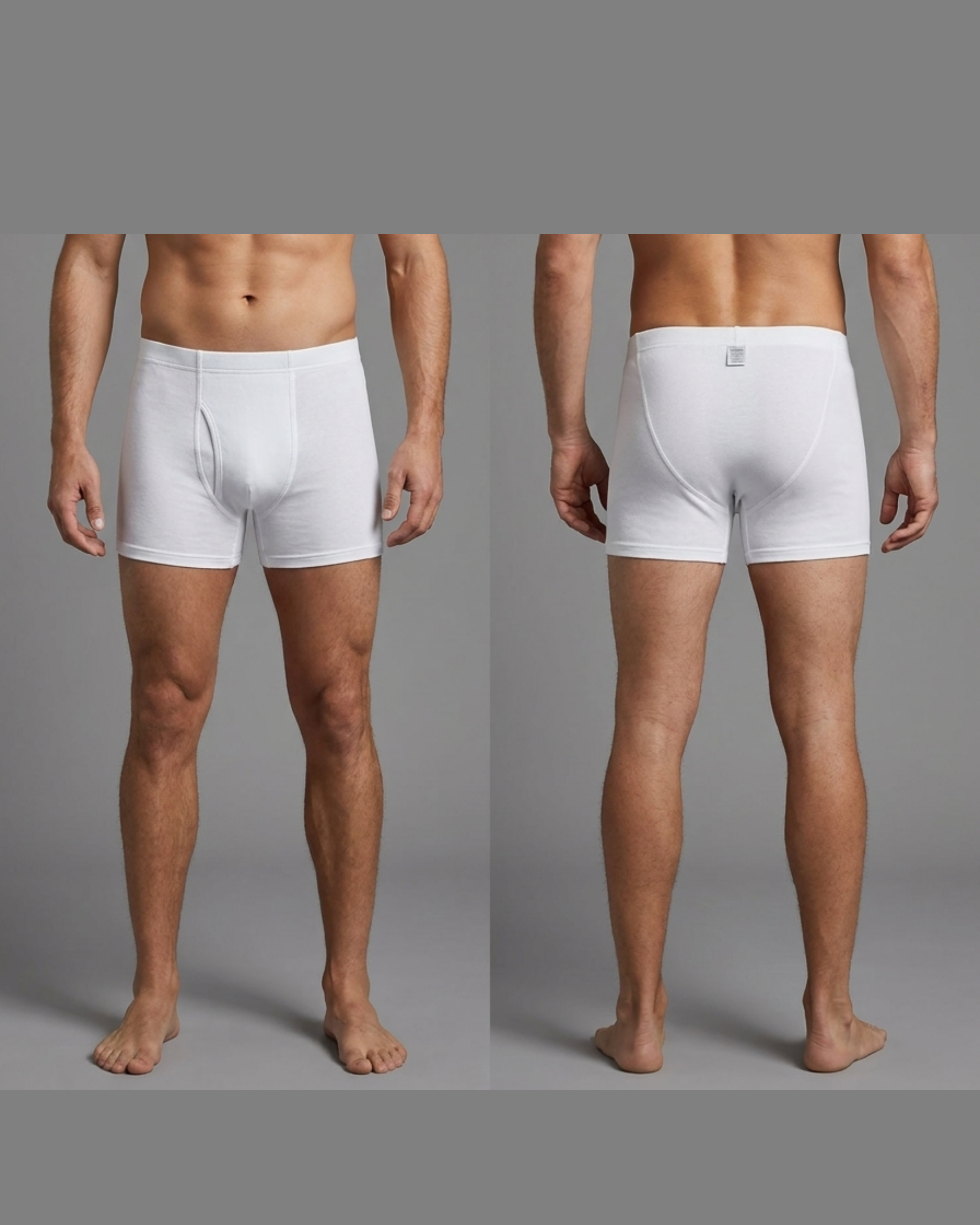 White men's boxer briefs shown from front and back on a gray background