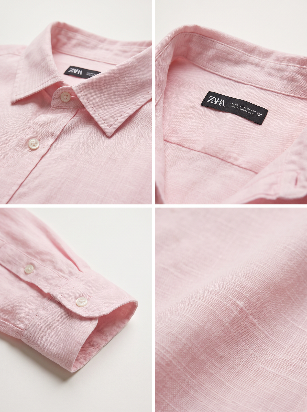 A four-panel close-up collage of a light pink long-sleeve button-up shirt, showing the collar, inner neck label, cuff, and fabric texture.