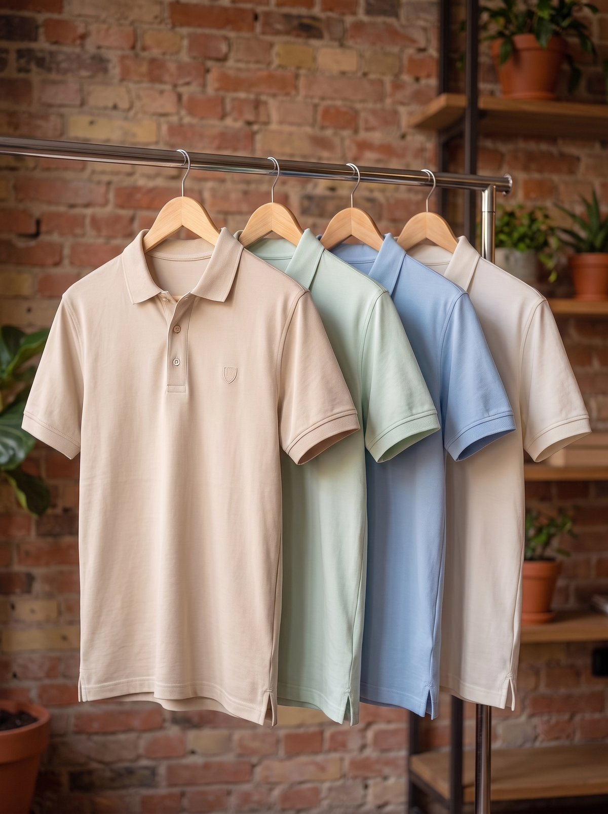 Four short-sleeve polo shirts in beige, sage green, light blue, and cream hang on wooden hangers from a metal rack against a rustic brick wall with shelves and potted plants.