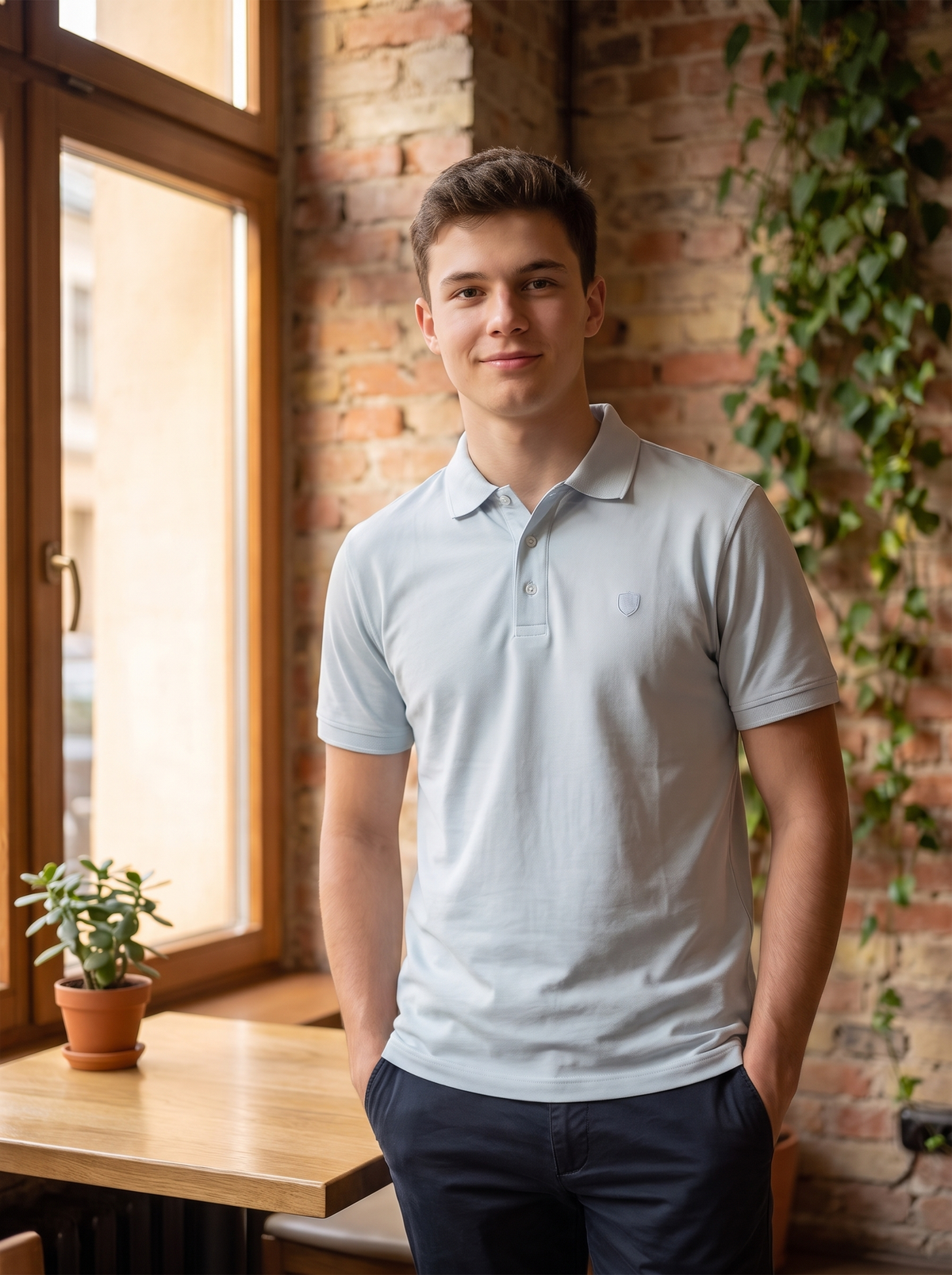 A young man wearing a light gray short-sleeve polo shirt and dark navy pants, standing in a warm, sunlit room with a brick wall, wooden table, and green ivy.