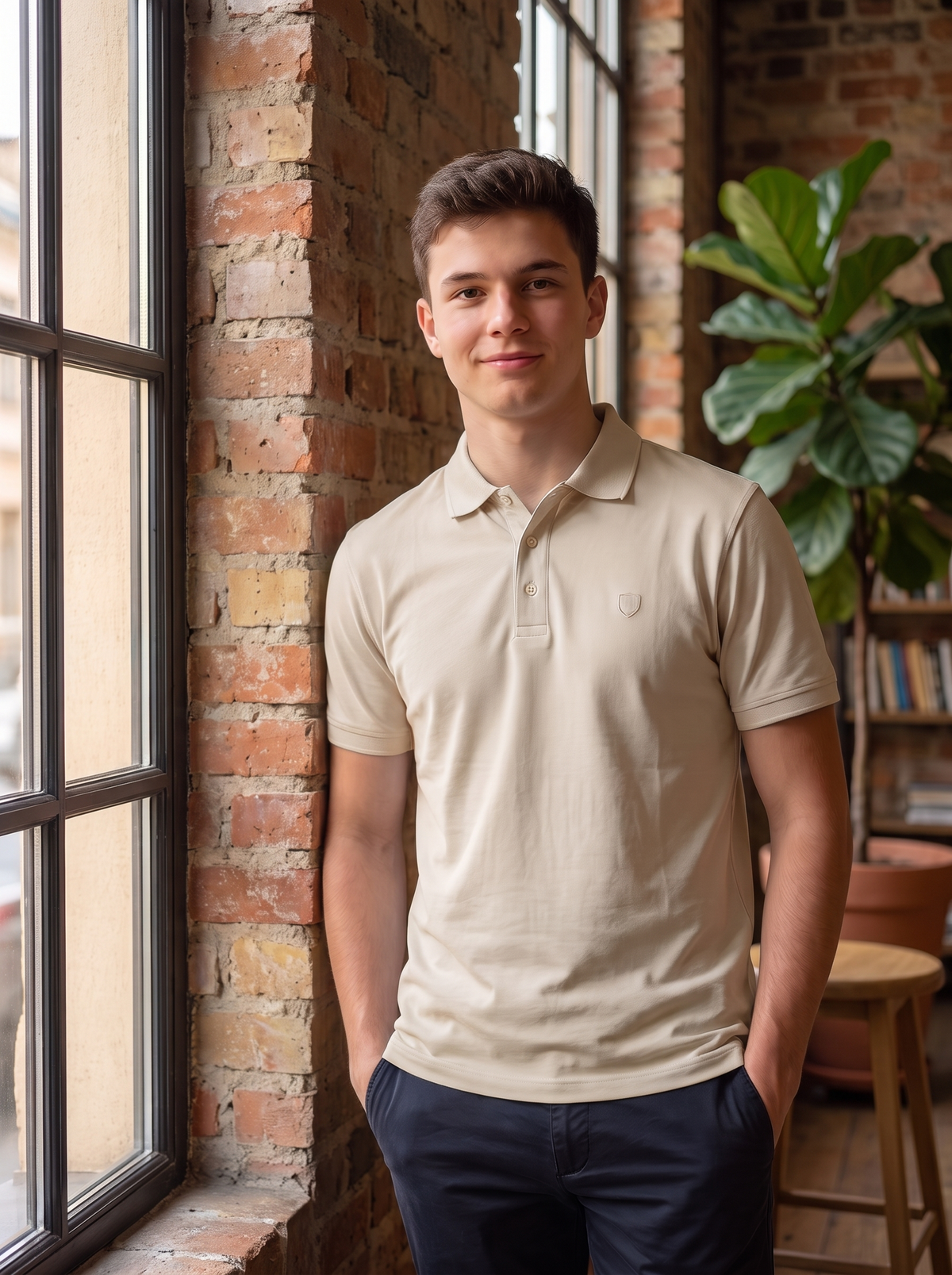 A young man wearing a light beige short-sleeve polo shirt and navy pants, standing in a loft-style room with a brick column and large window.