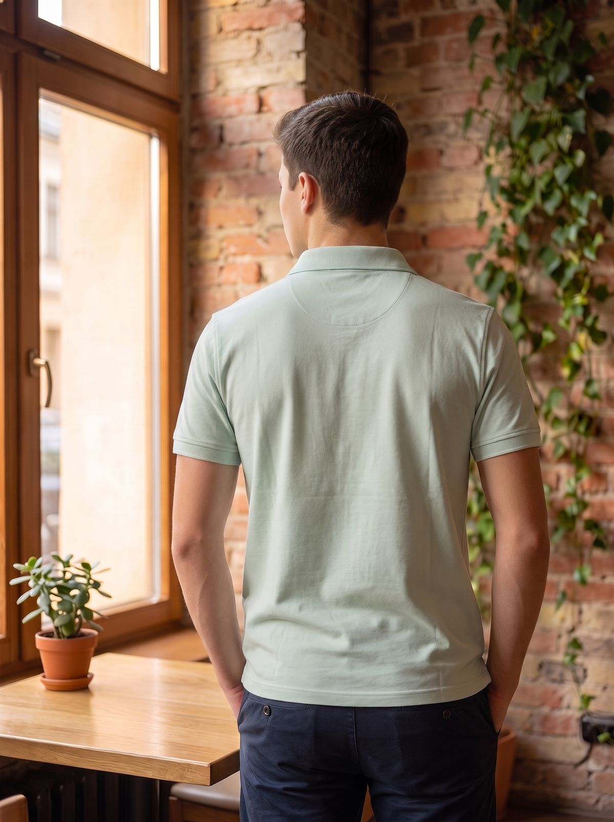A man viewed from behind wearing a light sage green short-sleeve polo shirt and dark navy pants, standing in a room with a brick wall, wooden table, and potted plant.