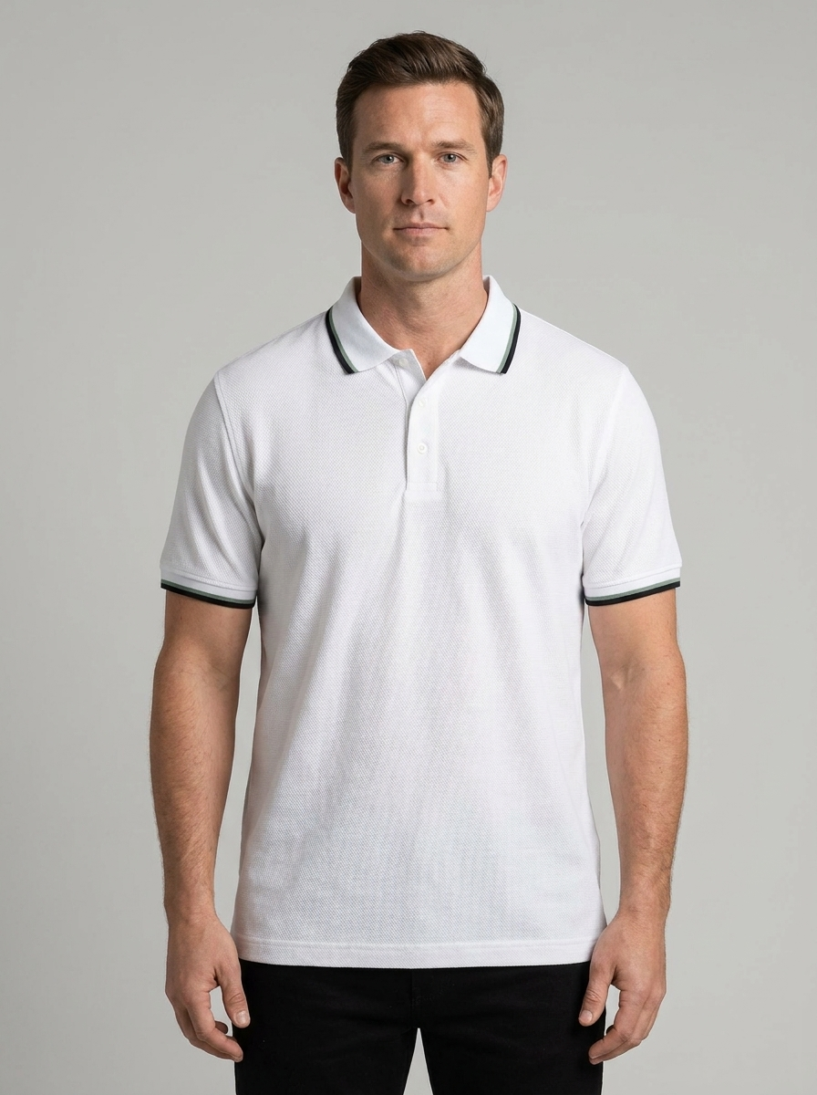 Man wearing a white polo shirt with black trim on a gray background