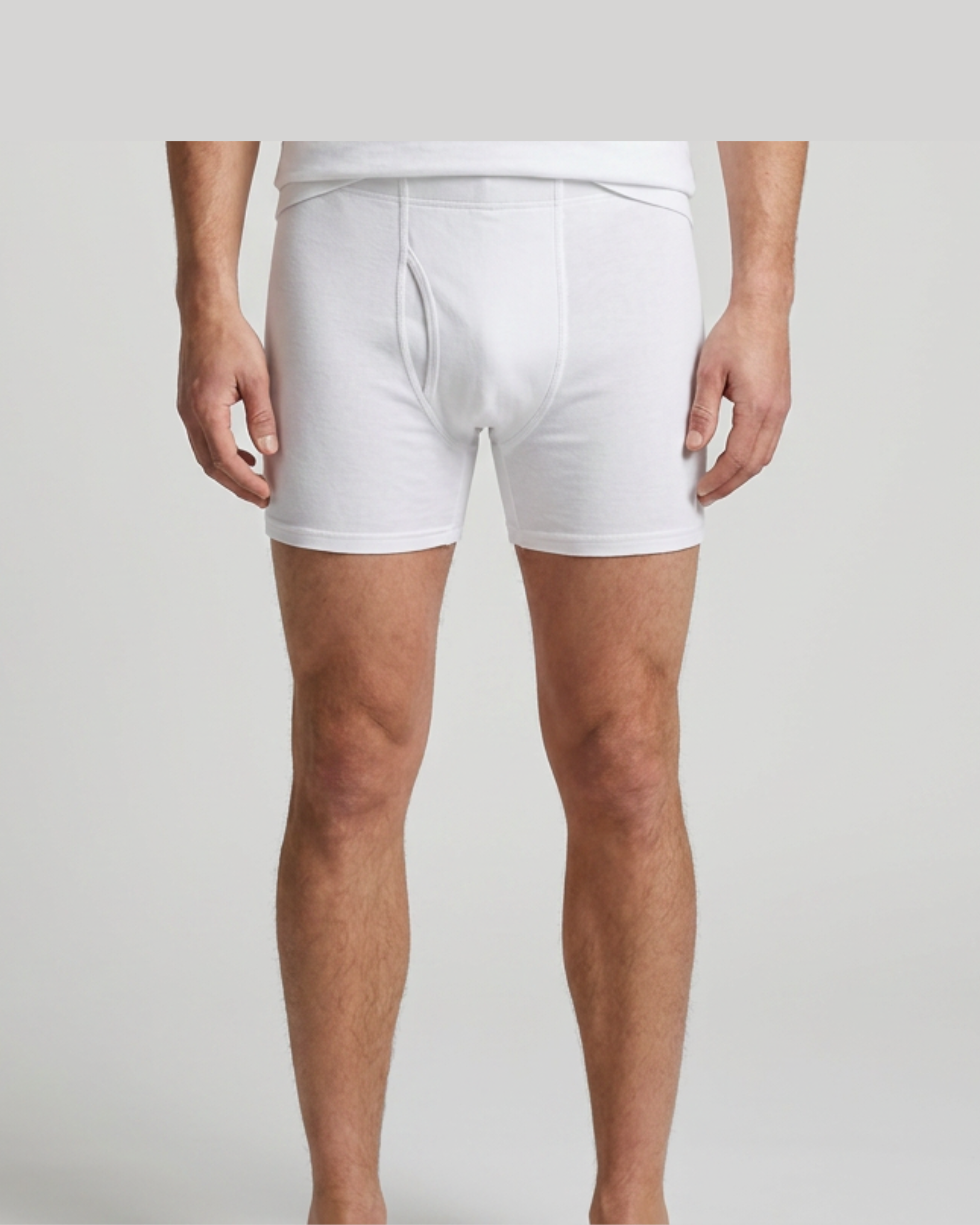 Person wearing white boxer briefs on a plain background