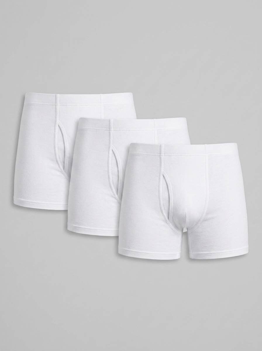 3 pairs of white boxer briefs on a gray background