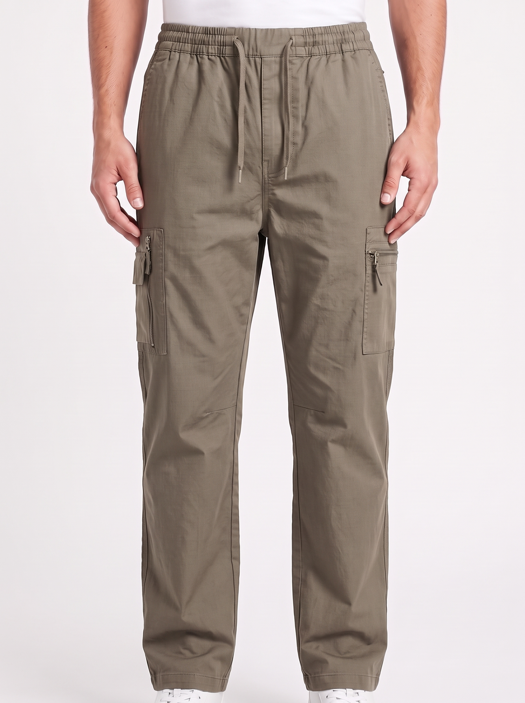 Men's Drawstring Cargo baggy Fit Pants – Elastic Waist Cotton Ripstop Utility Track Pants with Zipper Pockets