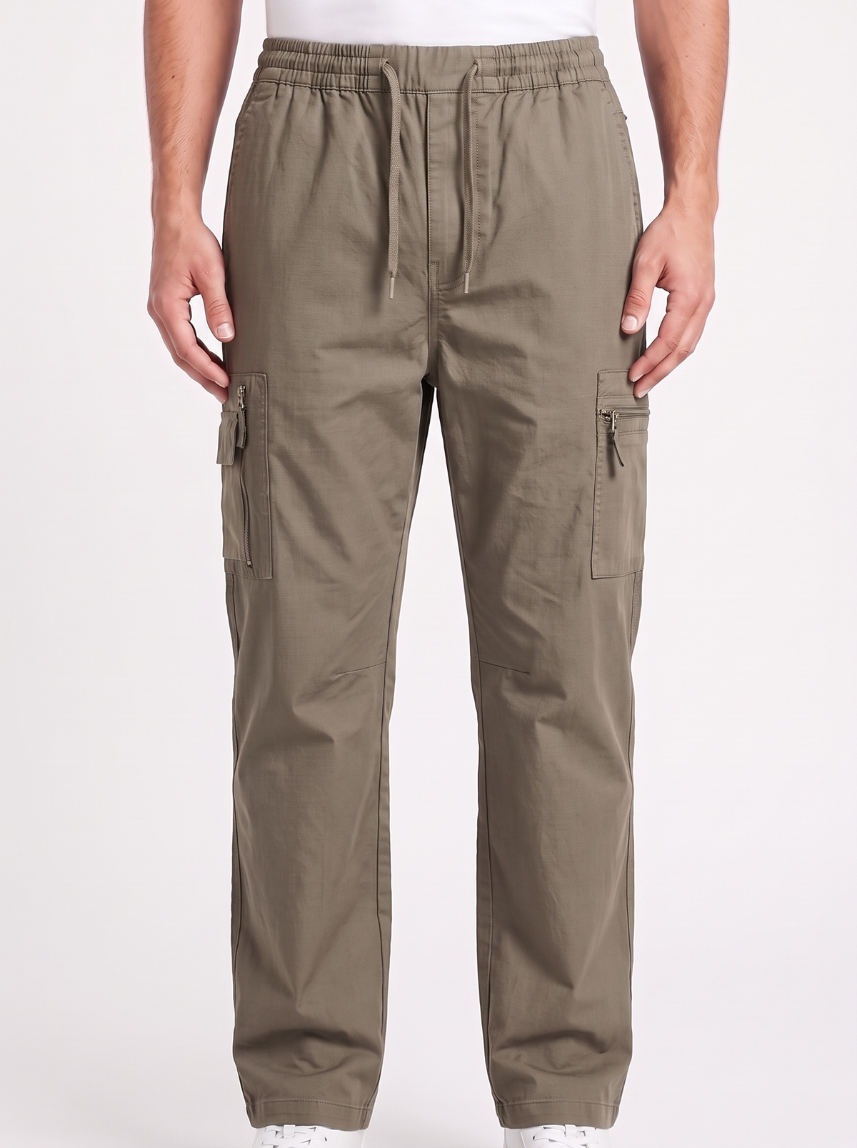 Men's Drawstring Cargo baggy Fit Pants – Elastic Waist Cotton Ripstop Utility Track Pants with Zipper Pockets