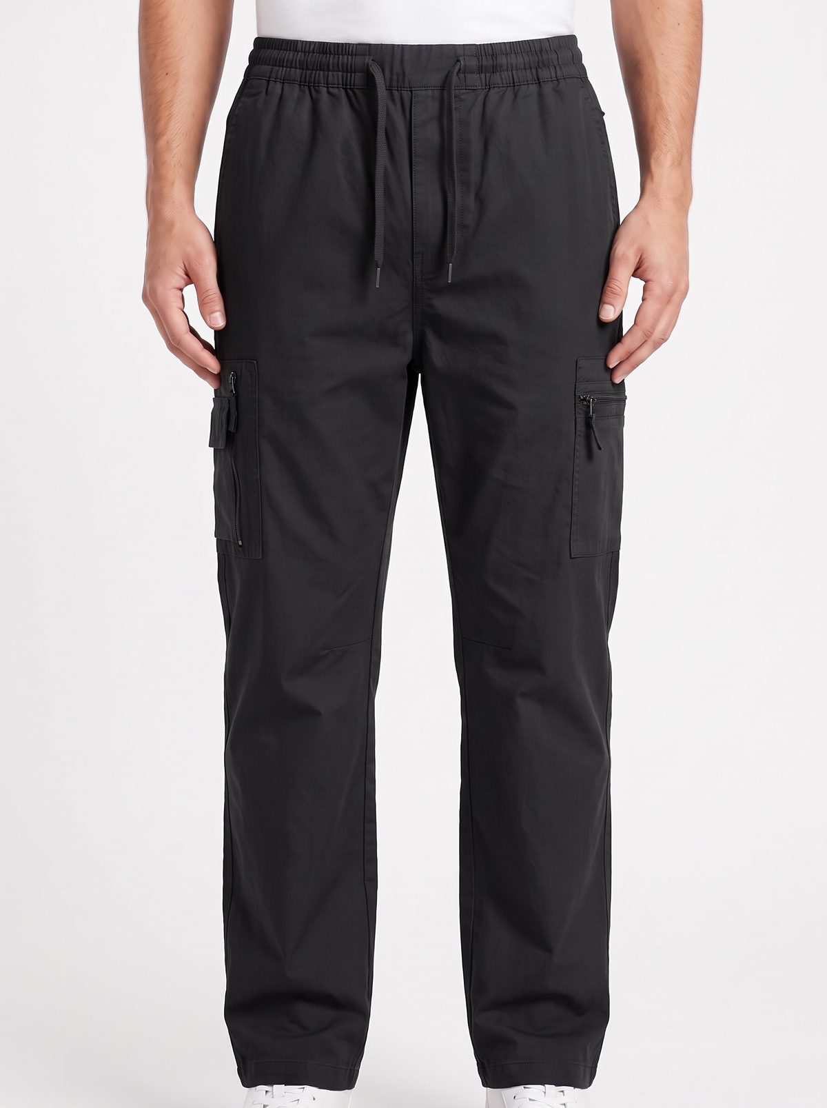 Men's Drawstring Cargo baggy Fit Pants – Elastic Waist Cotton Ripstop Utility Track Pants with Zipper Pockets
