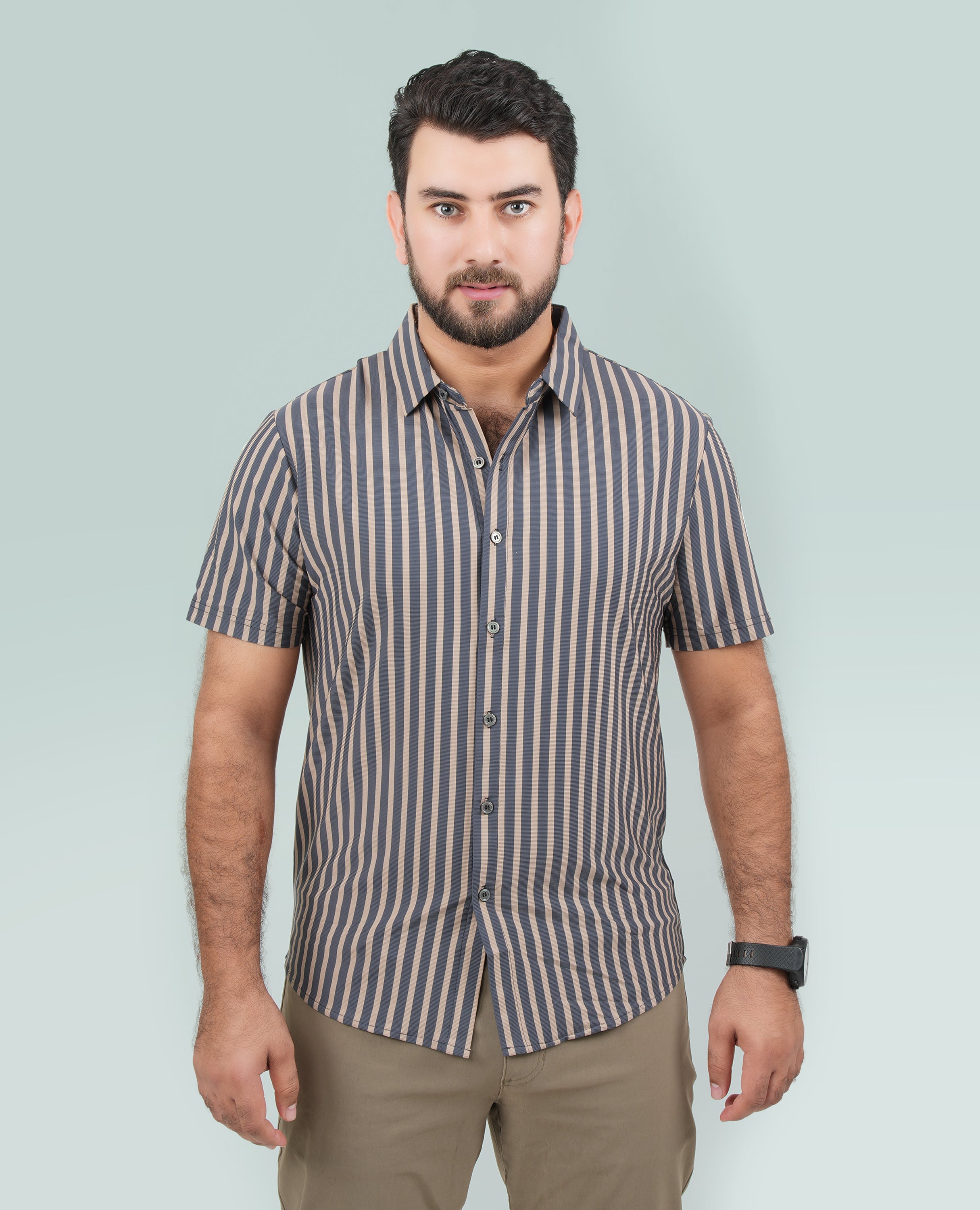 Men’s Grey & Beige Striped Short Sleeve Shirt – Stretchable Collar, Casual Button Down - FineLook
