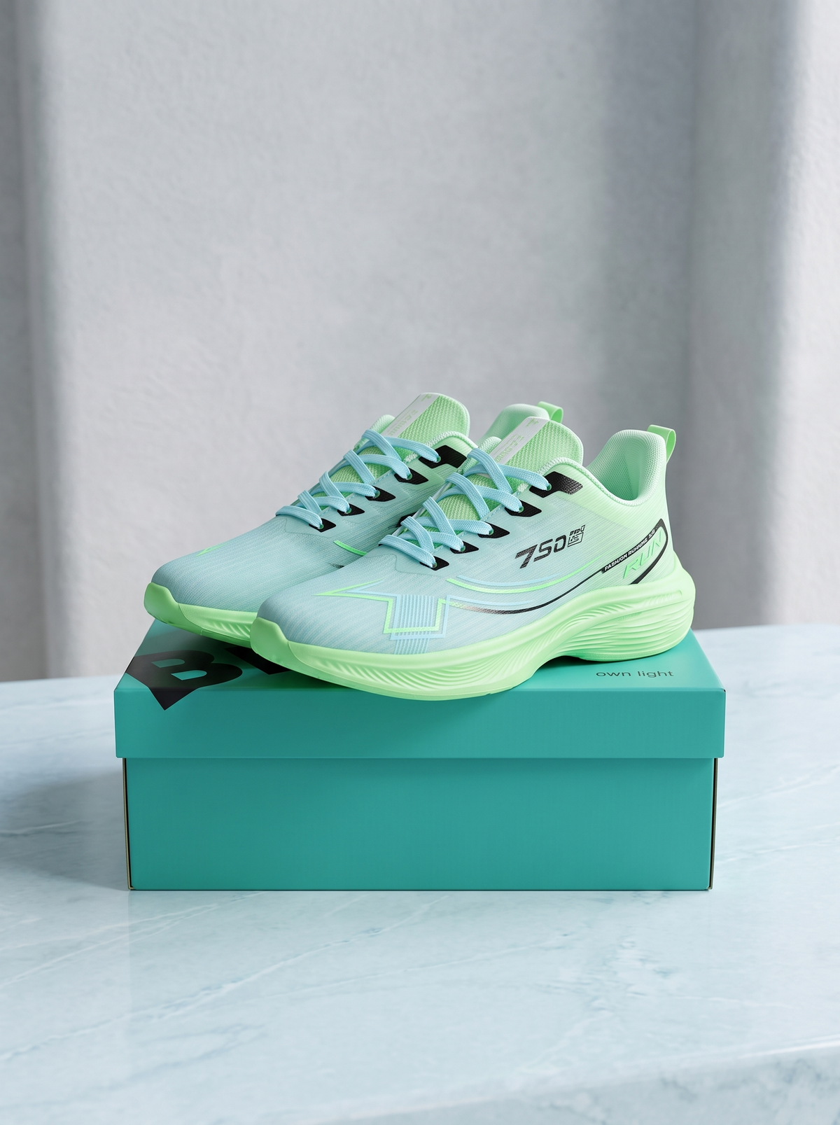 A pair of mint green and neon yellow running shoes with black accents, displayed on top of a matching mint green shoebox against a light gray background.