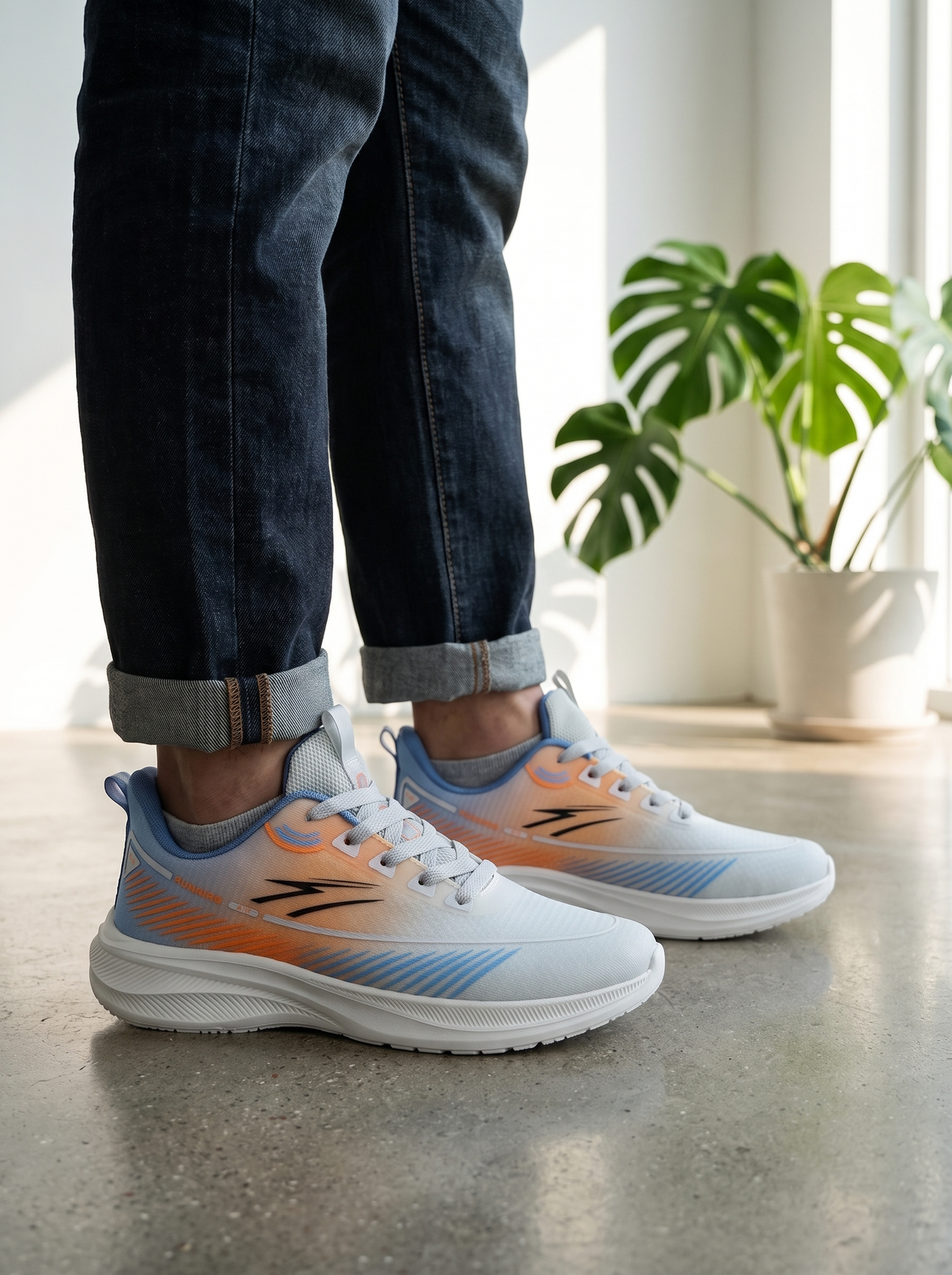 White running shoes with orange and blue accents worn by a person in dark cuffed jeans, standing on a concrete floor with a potted plant in the background.
