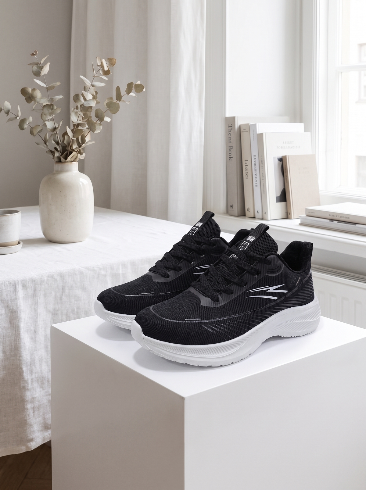 A pair of black athletic sneakers with white soles displayed on a white pedestal in a bright, modern room with a table, books, and a vase in the background.
